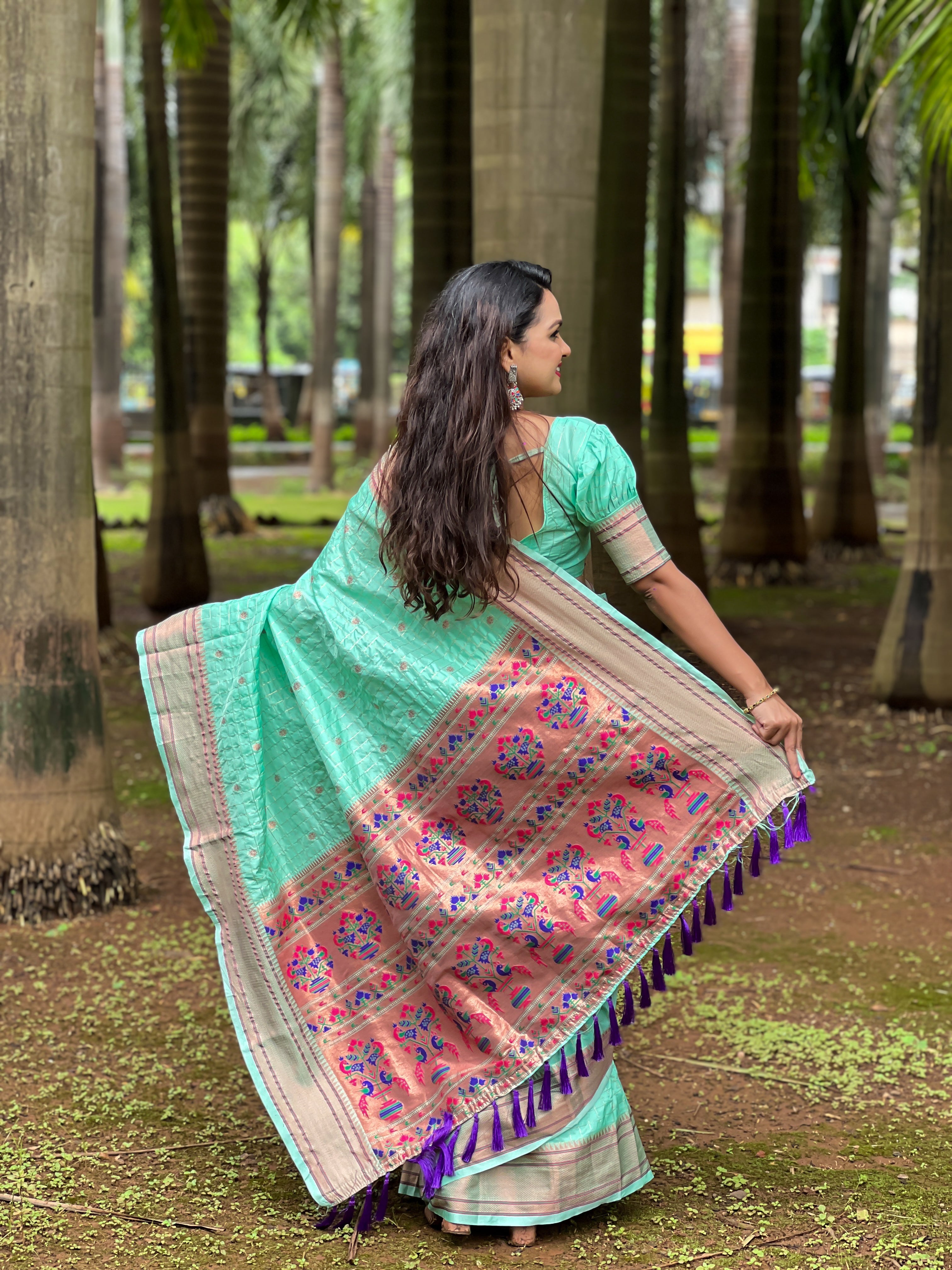 Seagreen Yeola Muniya Paithani Saree - Indian Festival & Wedding Women Outfit