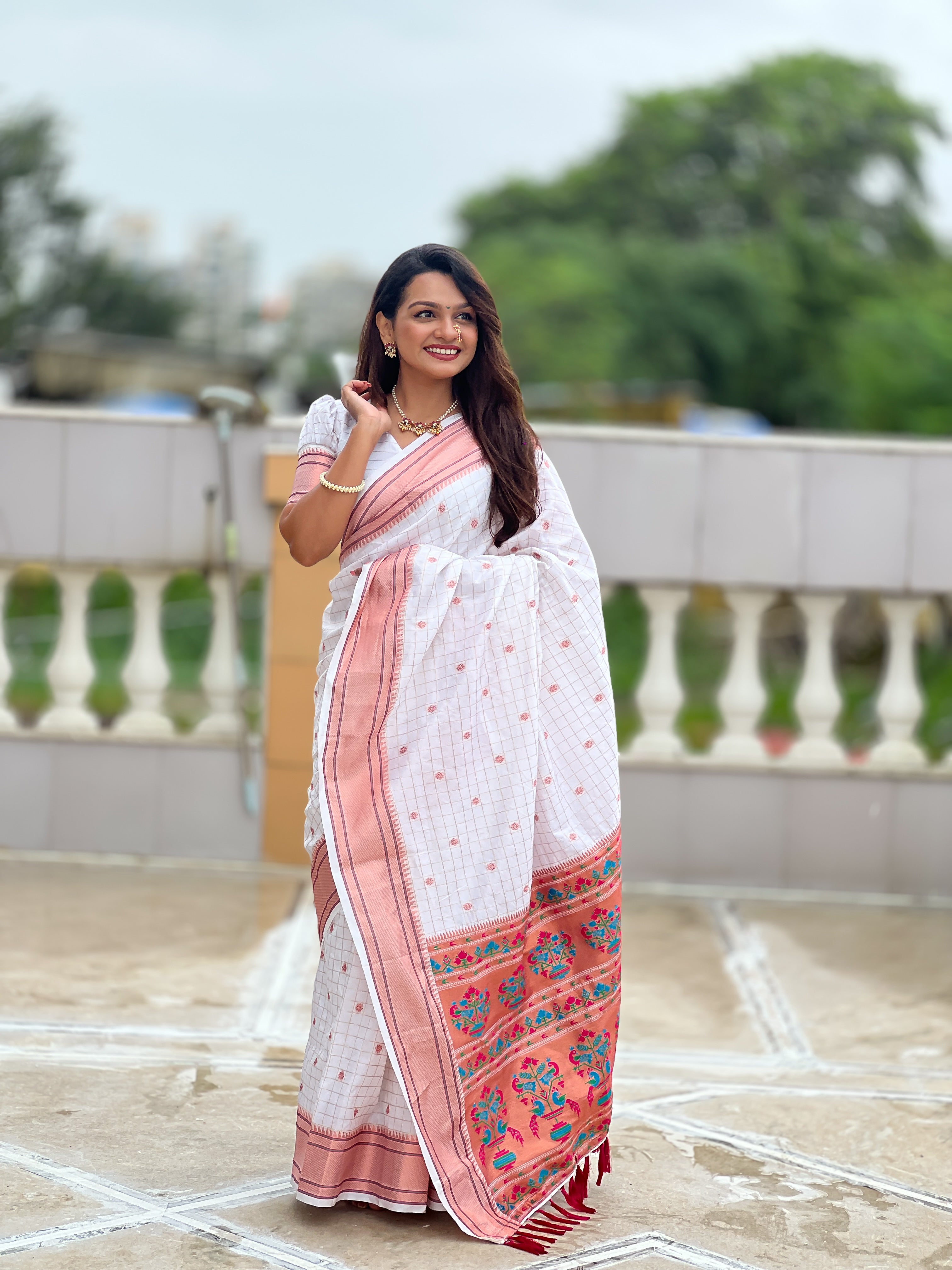 White Yeola Paithani Saree - Pooja Festival & Wedding Indian Outfit