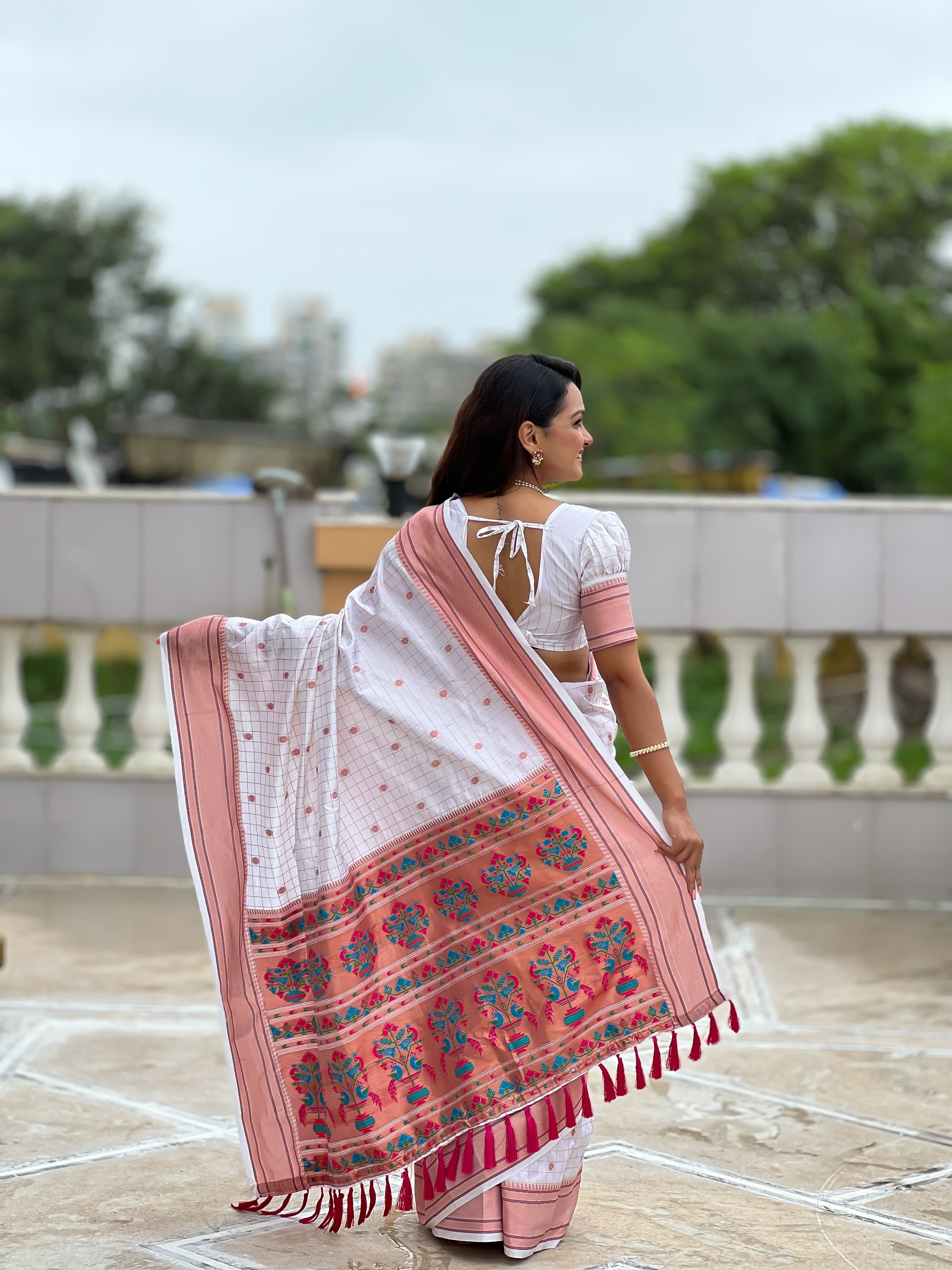 White Yeola Paithani Saree - Pooja Festival & Wedding Indian Outfit