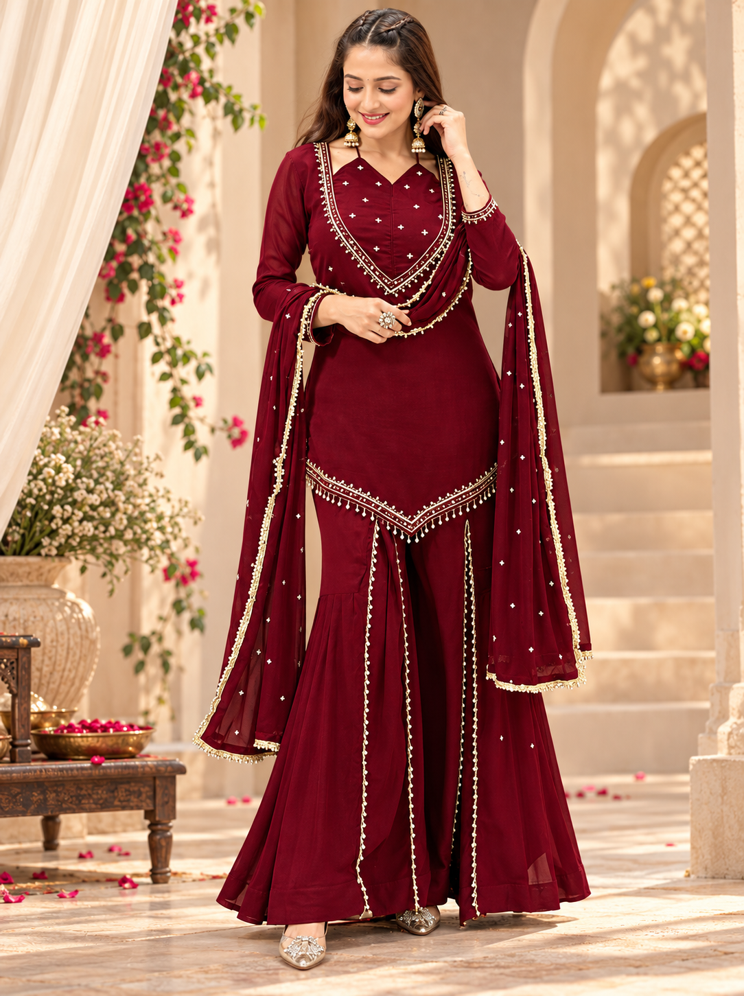 Wine Maroon Roman Glass Mirror Work Palazzo Suit with Chanderi Dupatta