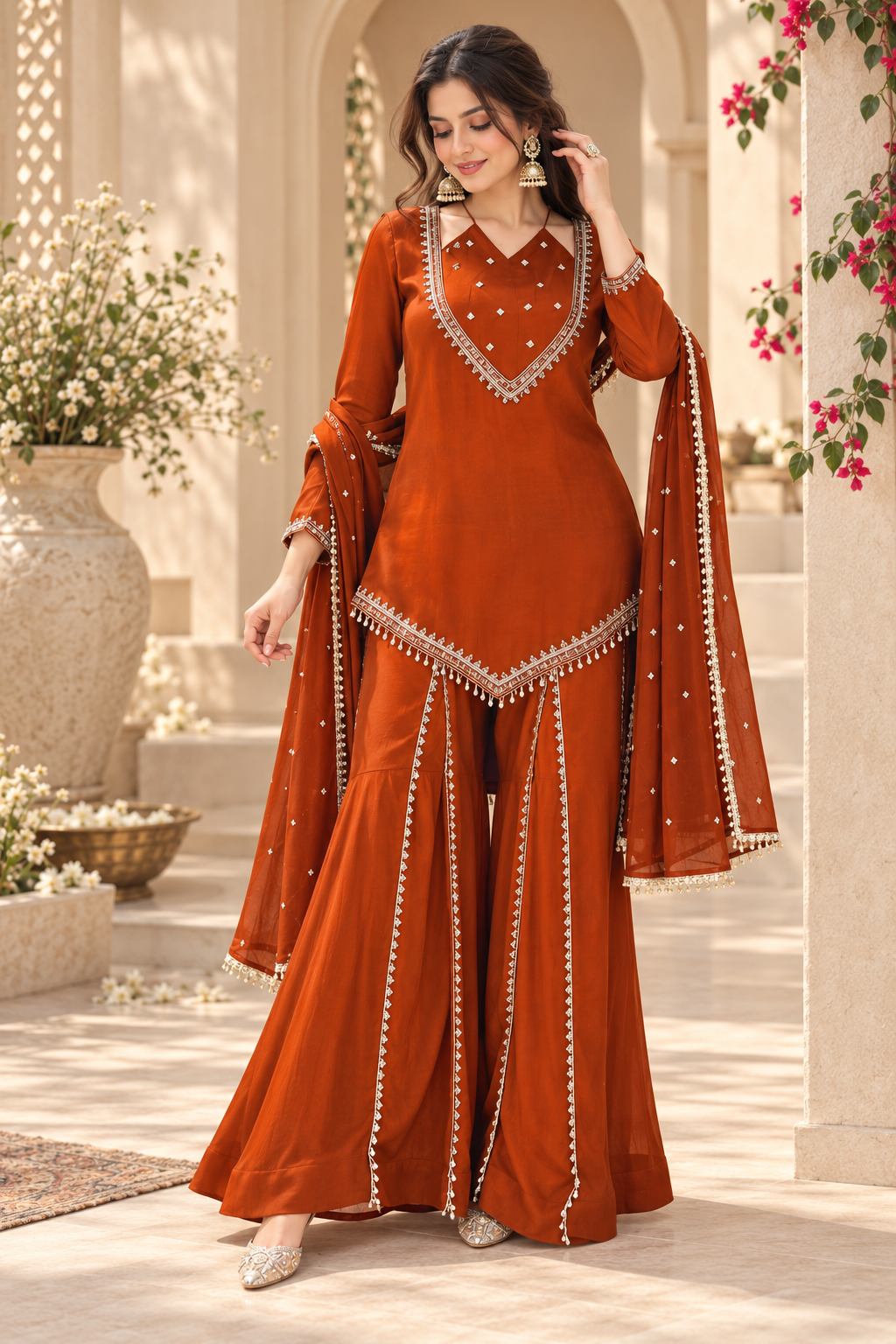 Rust Orange Roman Glass Mirror Work Plazzo Suit Set with Chanderi Silk Dupatta