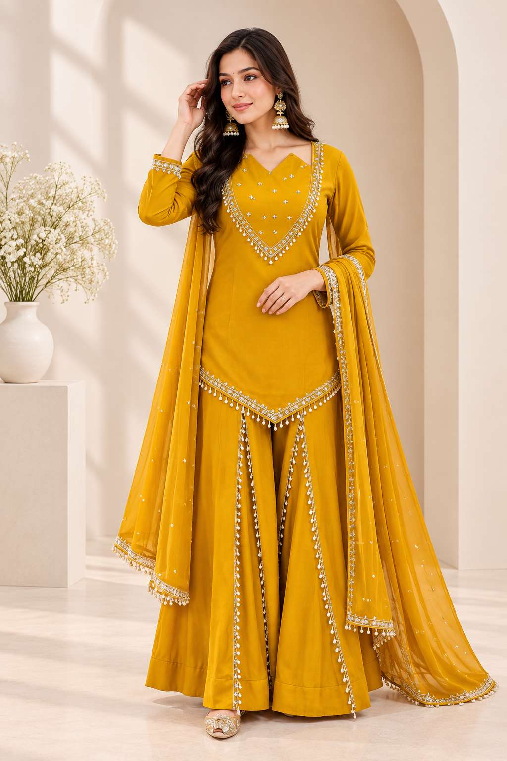 Mustard Yellow Roman Glass Palazzo Suit with Real Mirror Work & Chanderi Silk Dupatta