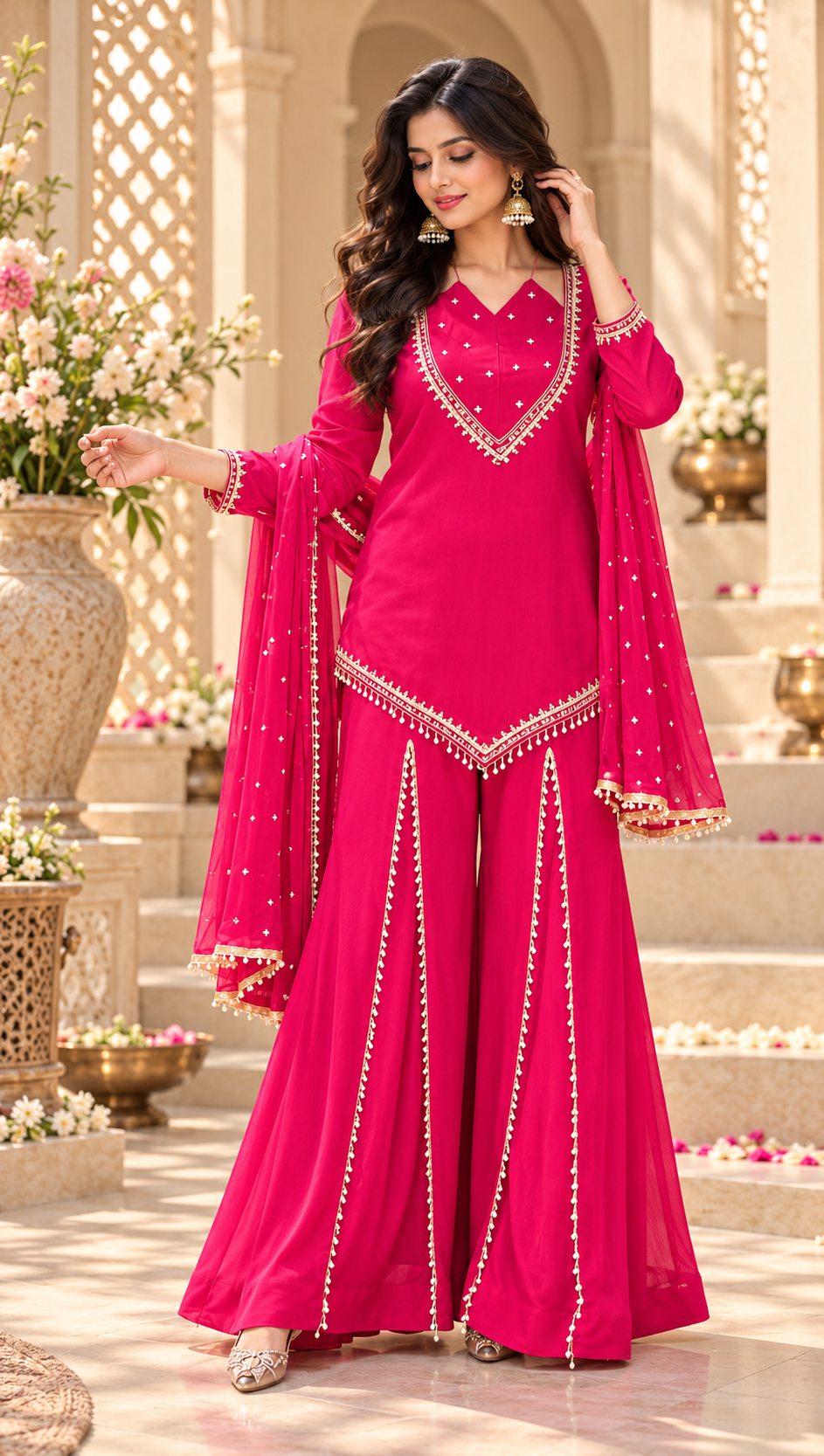 Rani Pink Roman Glass Palazzo Suit with Real Mirror Work & Chanderi Silk Dupatta