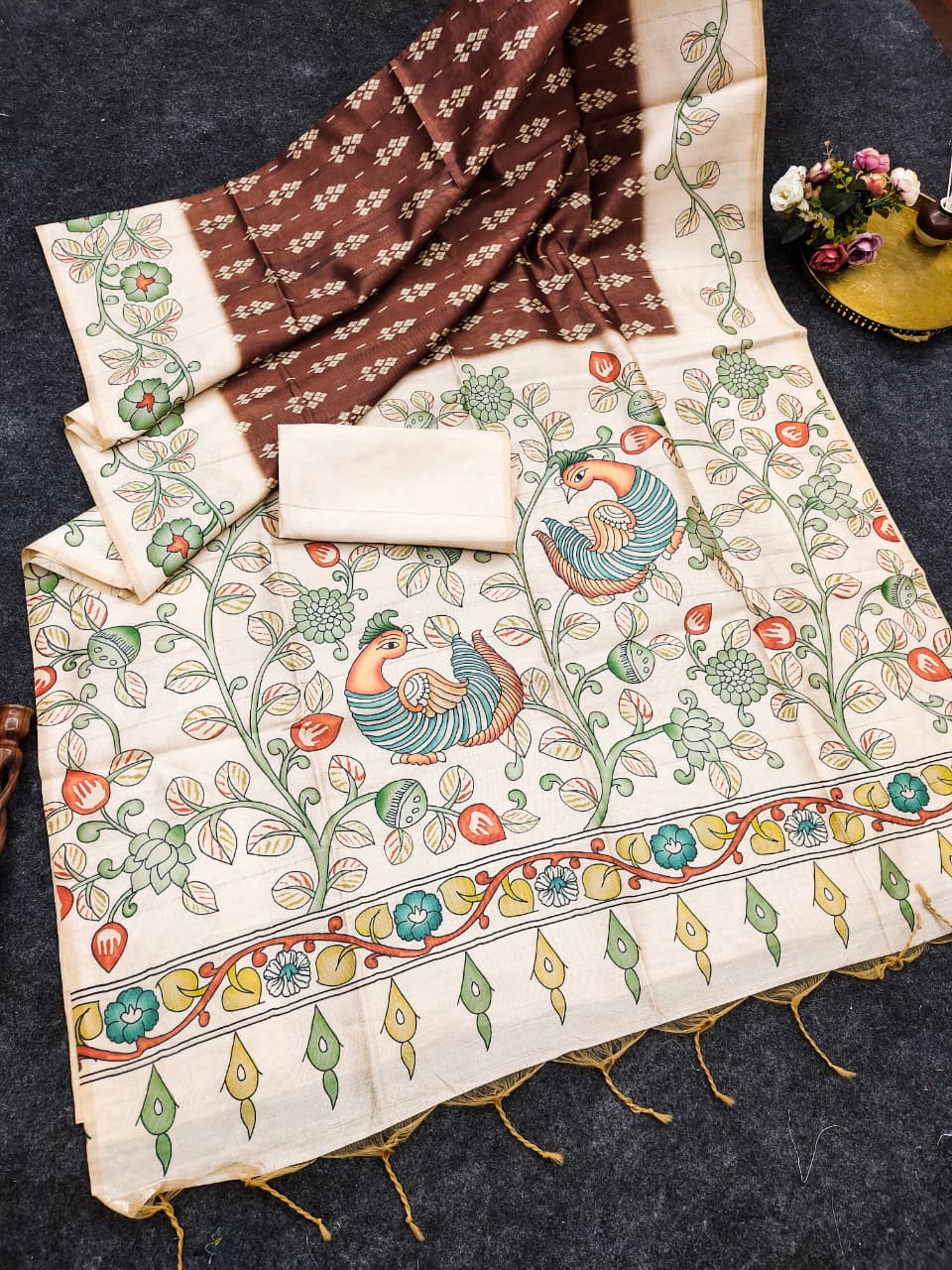 Soft Tussar Silk Saree with Ikat Pattern & Kalamkari Border | Designer Traditional Saree