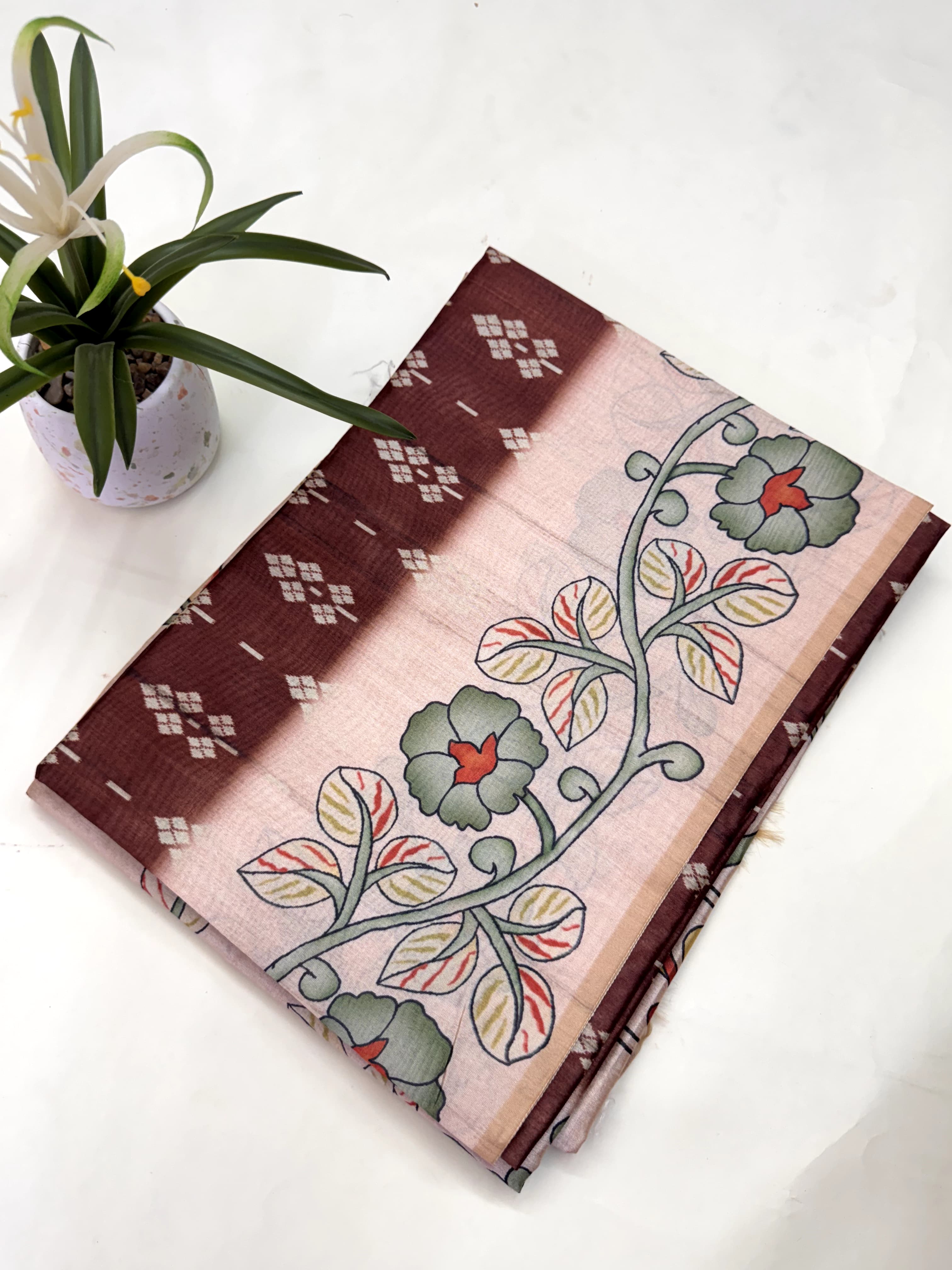 Soft Tussar Silk Saree with Ikat Pattern & Kalamkari Border | Designer Traditional Saree