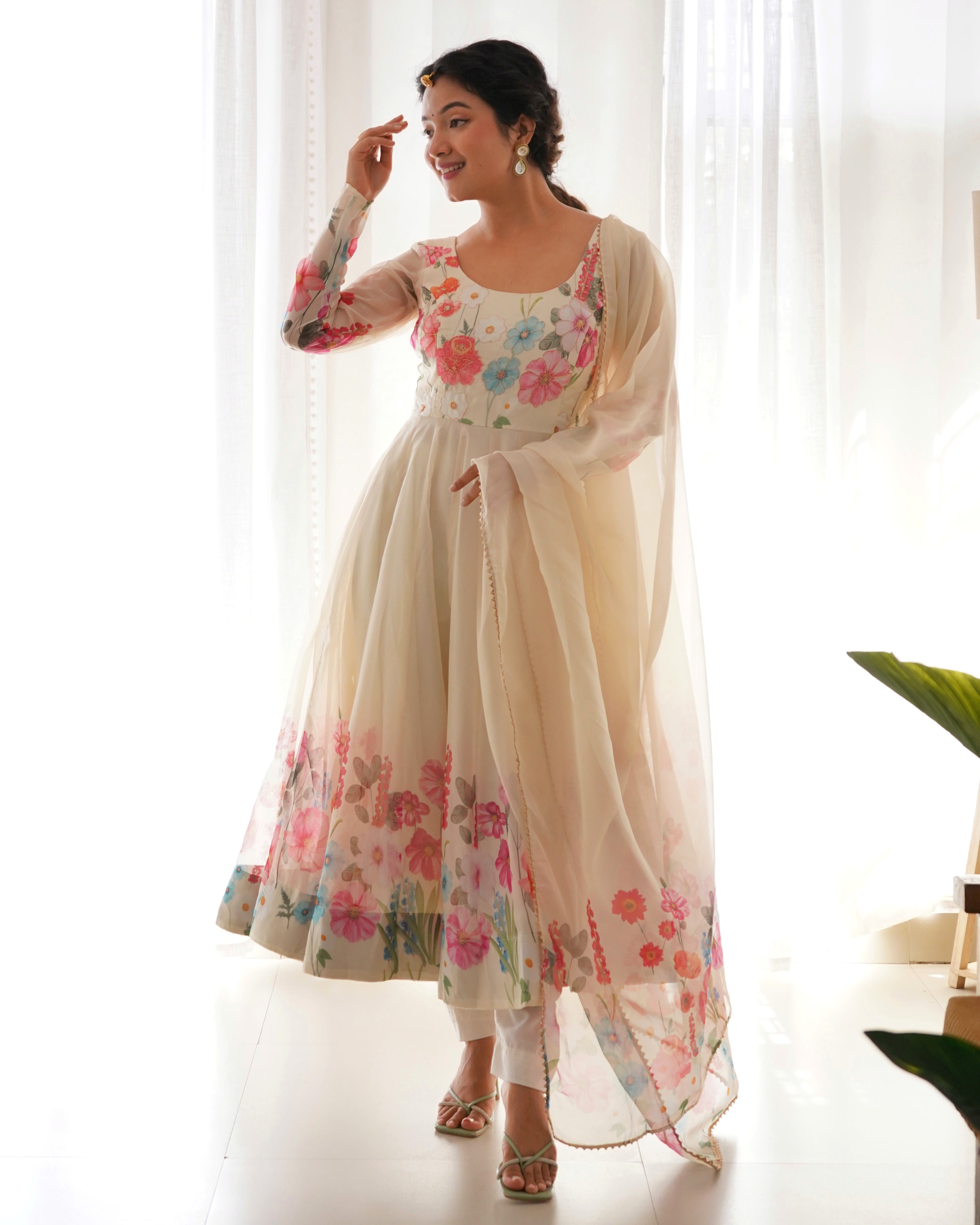 Cream Anarkali Organza Gown