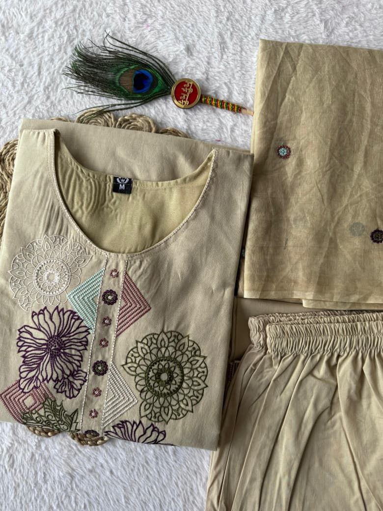 Cream Block Print Cotton A-Line Kurti Set | Mirror Work | Nardev Fashion