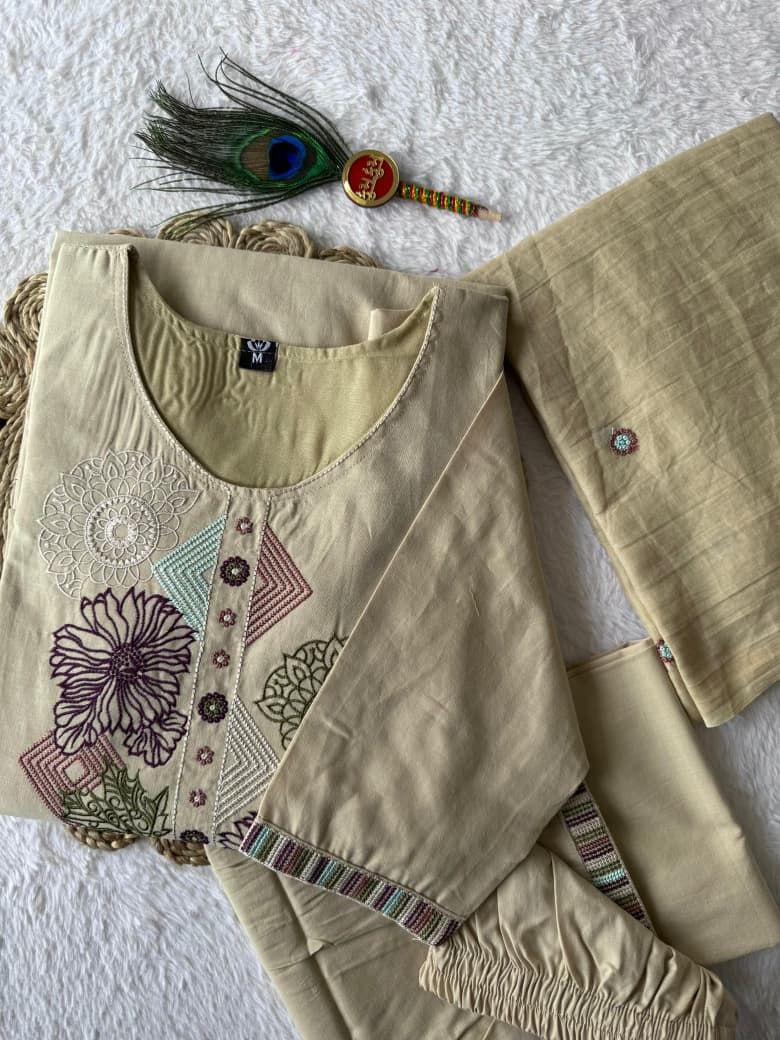 Cream Block Print Cotton A-Line Kurti Set | Mirror Work | Nardev Fashion