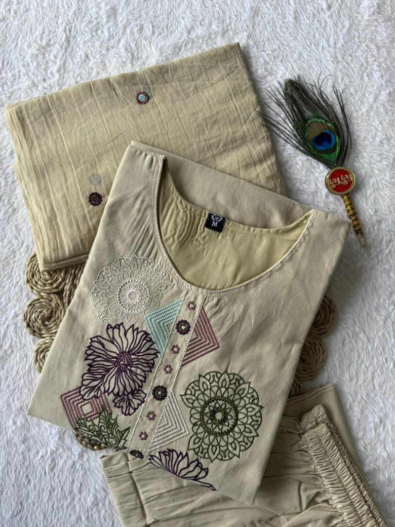 Cream Block Print Cotton A-Line Kurti Set | Mirror Work | Nardev Fashion