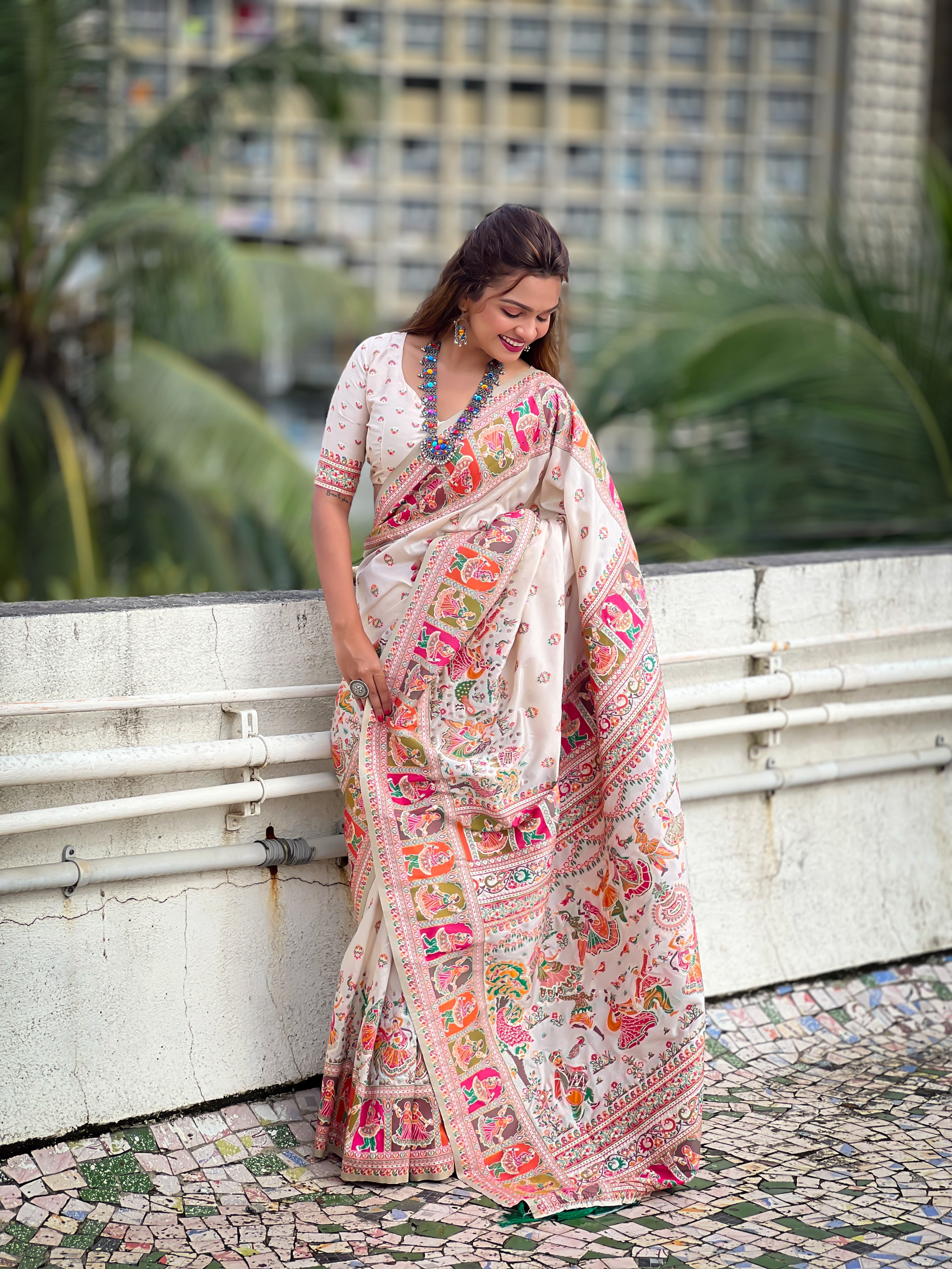 Cream Pashmina Kashmiri Silk Zari Woven Saree