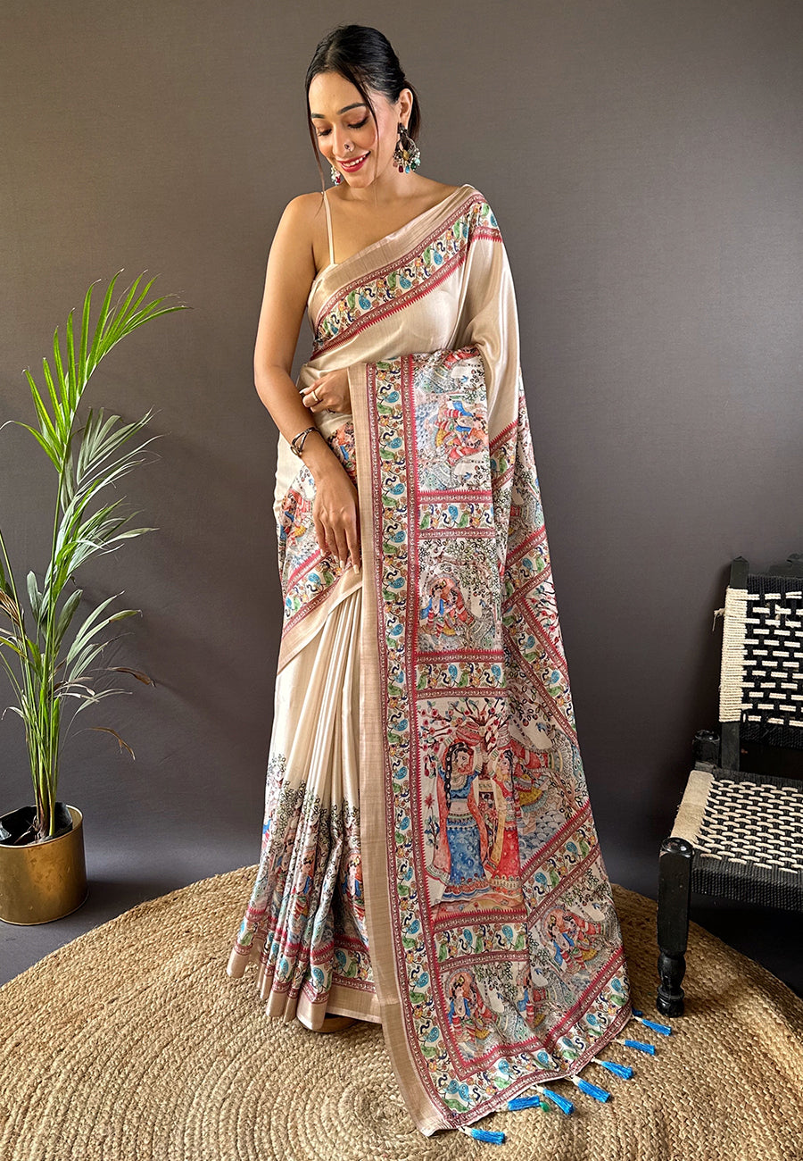 Cream Tussar Silk Saree With Blouse Piece