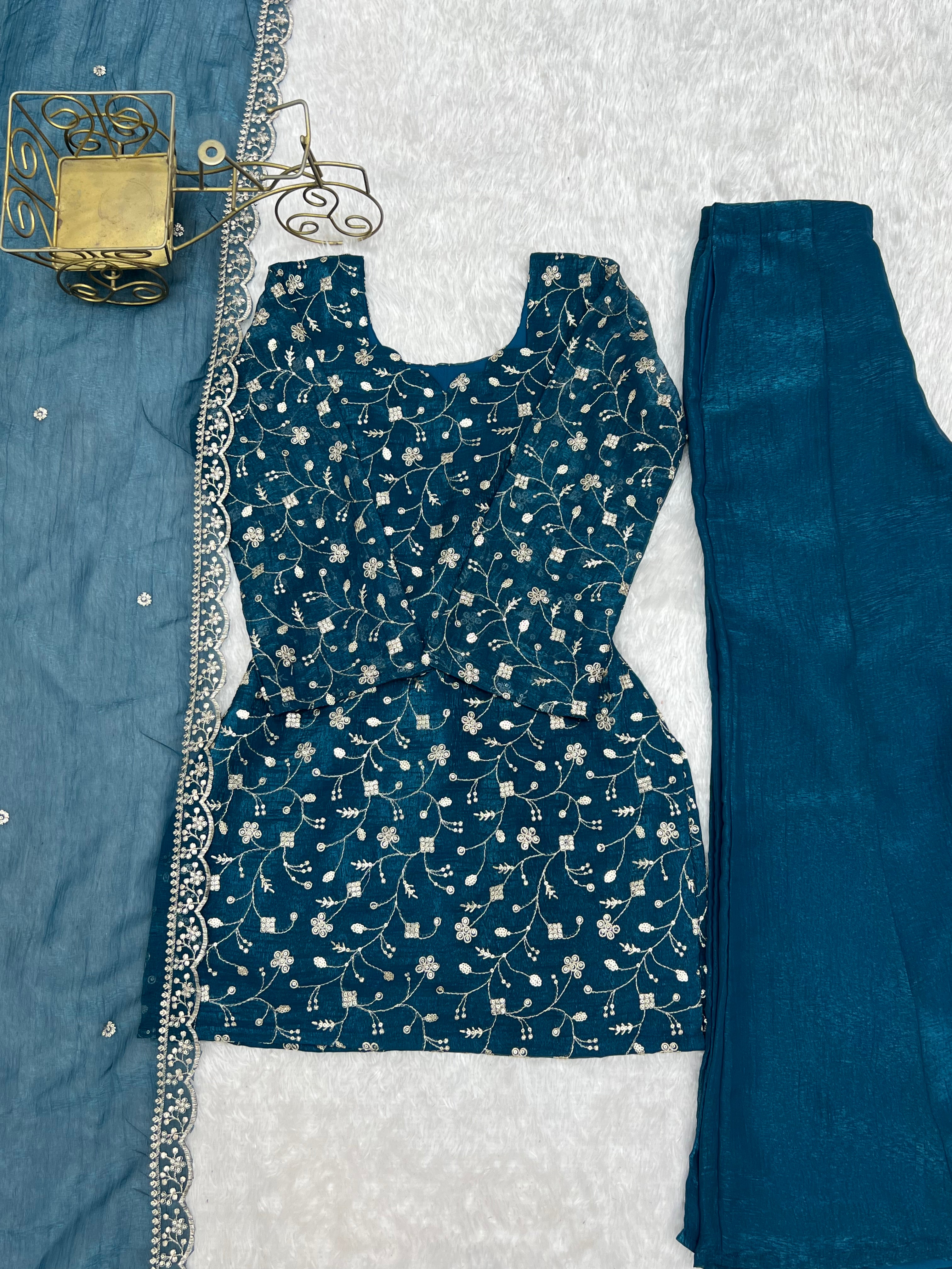 Tealblue Embroidered Kurta Set with Bell Bottom Pant & Dupatta