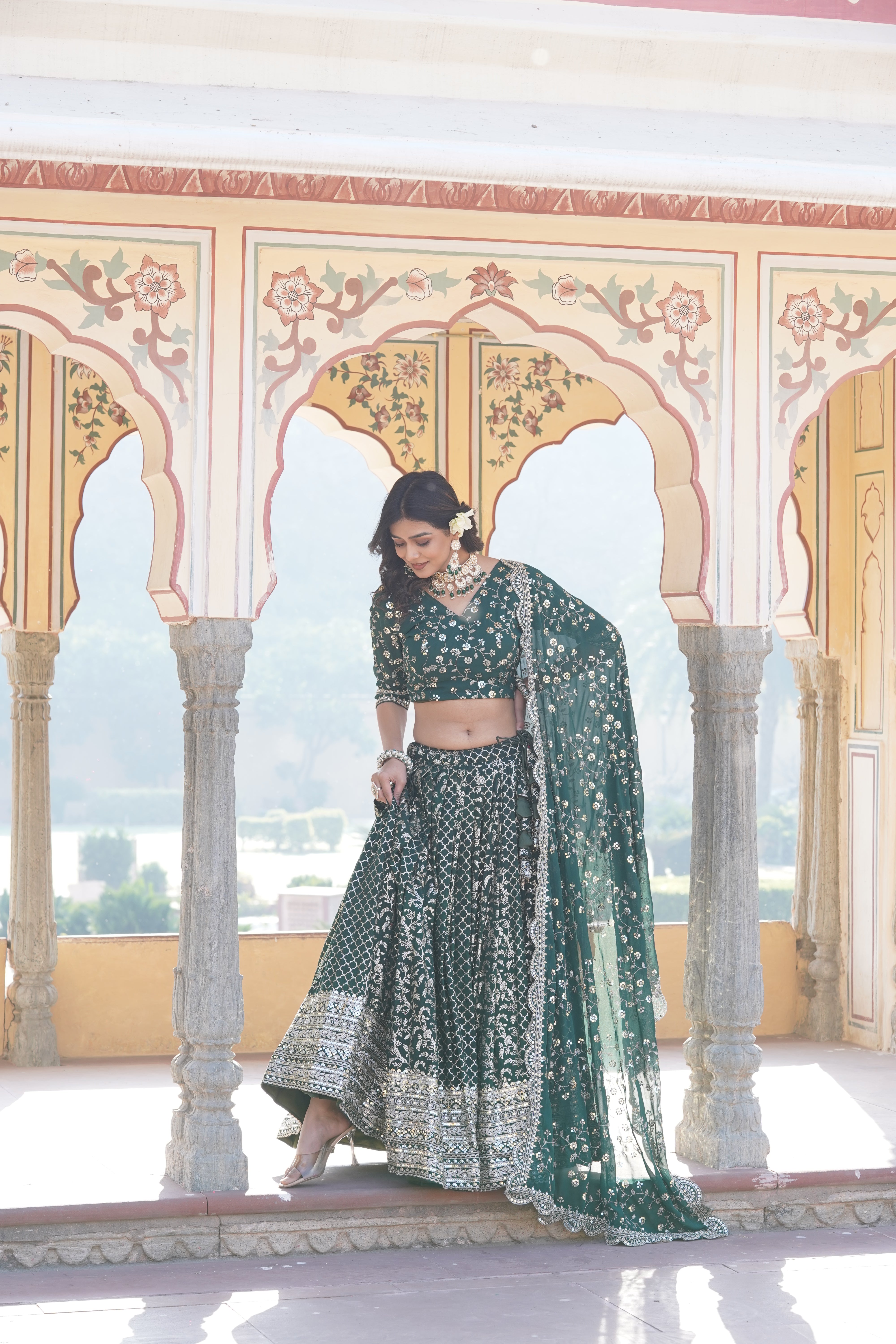 Dark Green Sequins Embellished Lehenga Choli