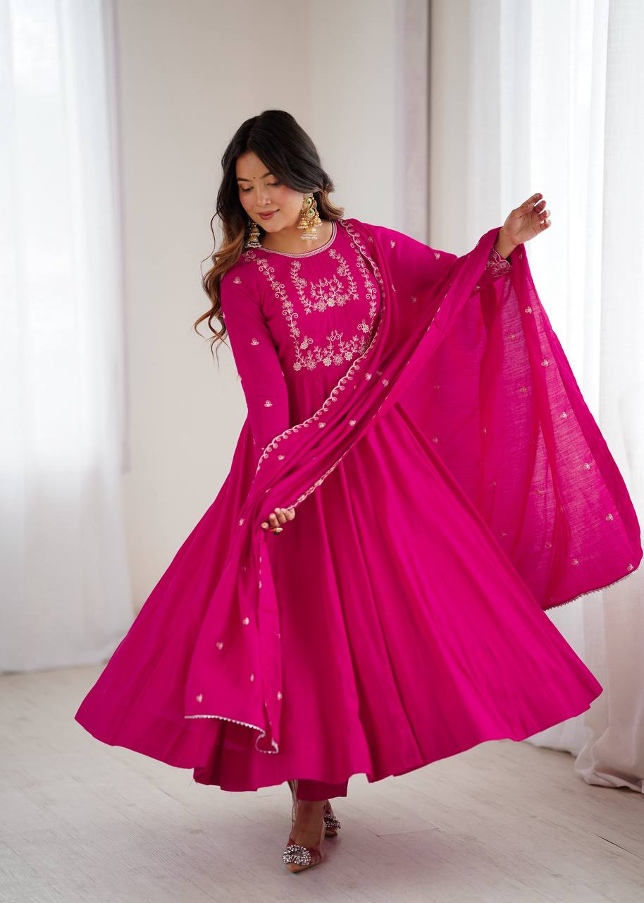 Dark Pink Pure Roman Chanderi Silk Full Flare Anarkali Suit - Nardev Fashion