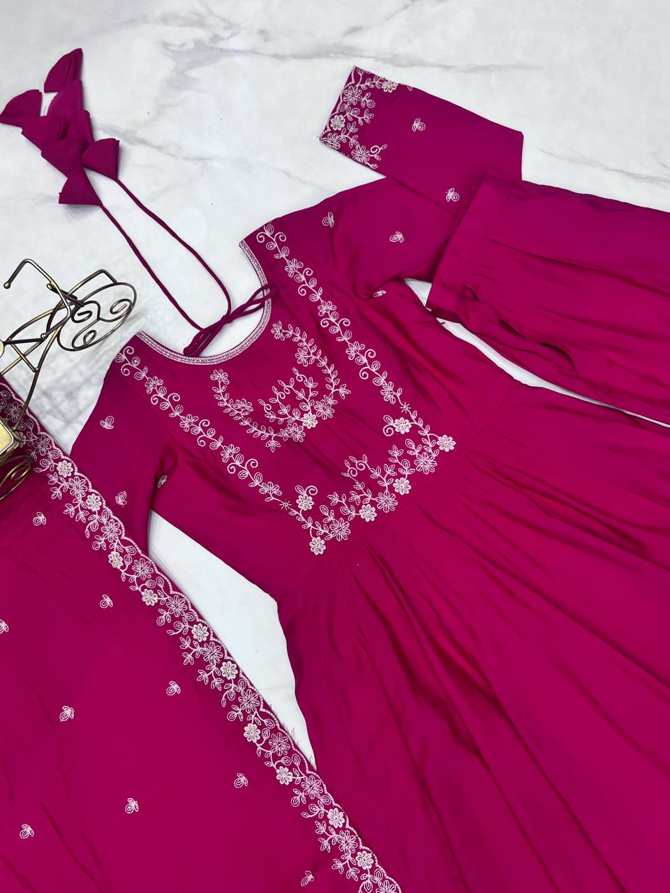 Dark Pink Pure Roman Chanderi Silk Full Flare Anarkali Suit - Nardev Fashion