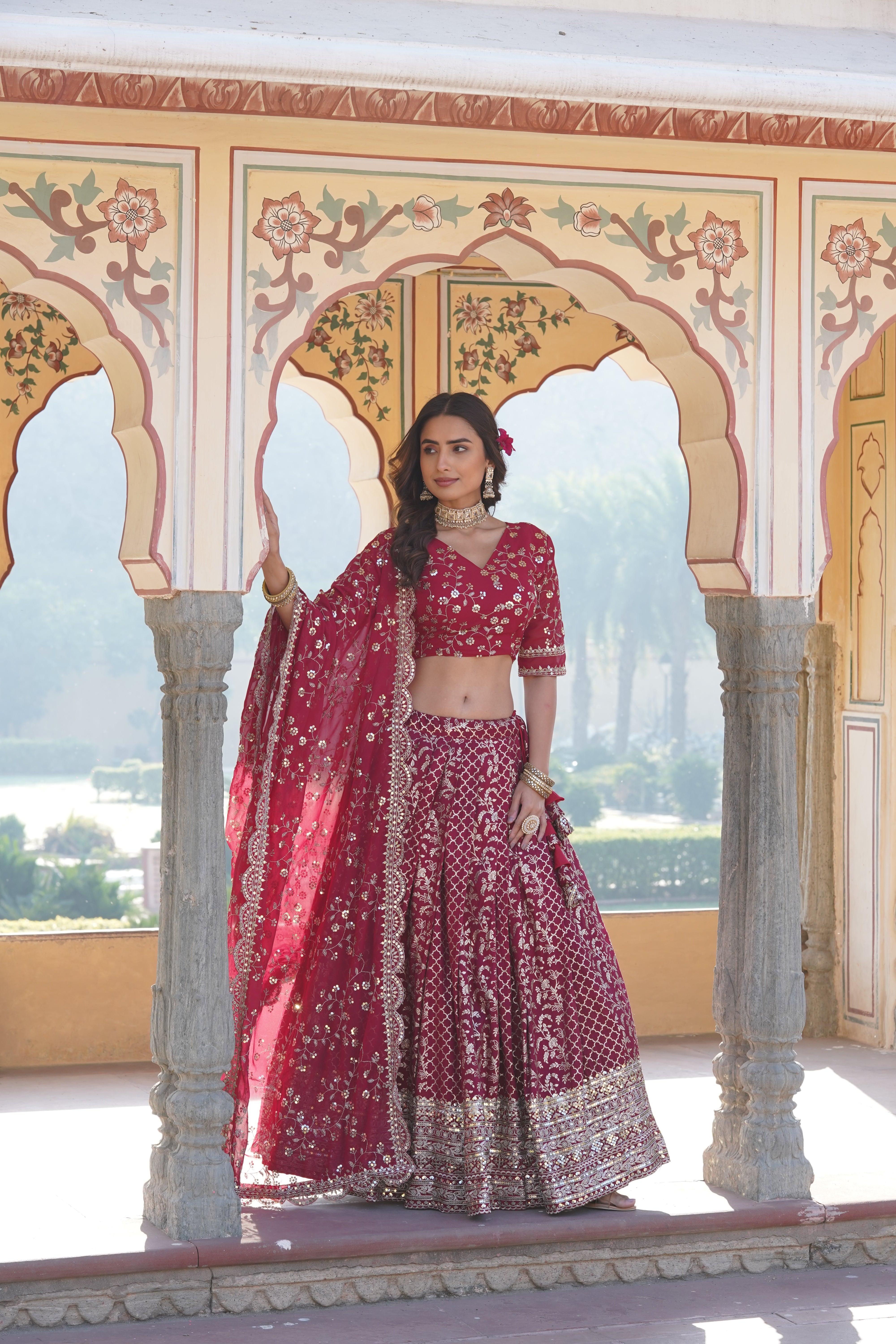 Dark Pink Sequins Embellished Lehenga Choli