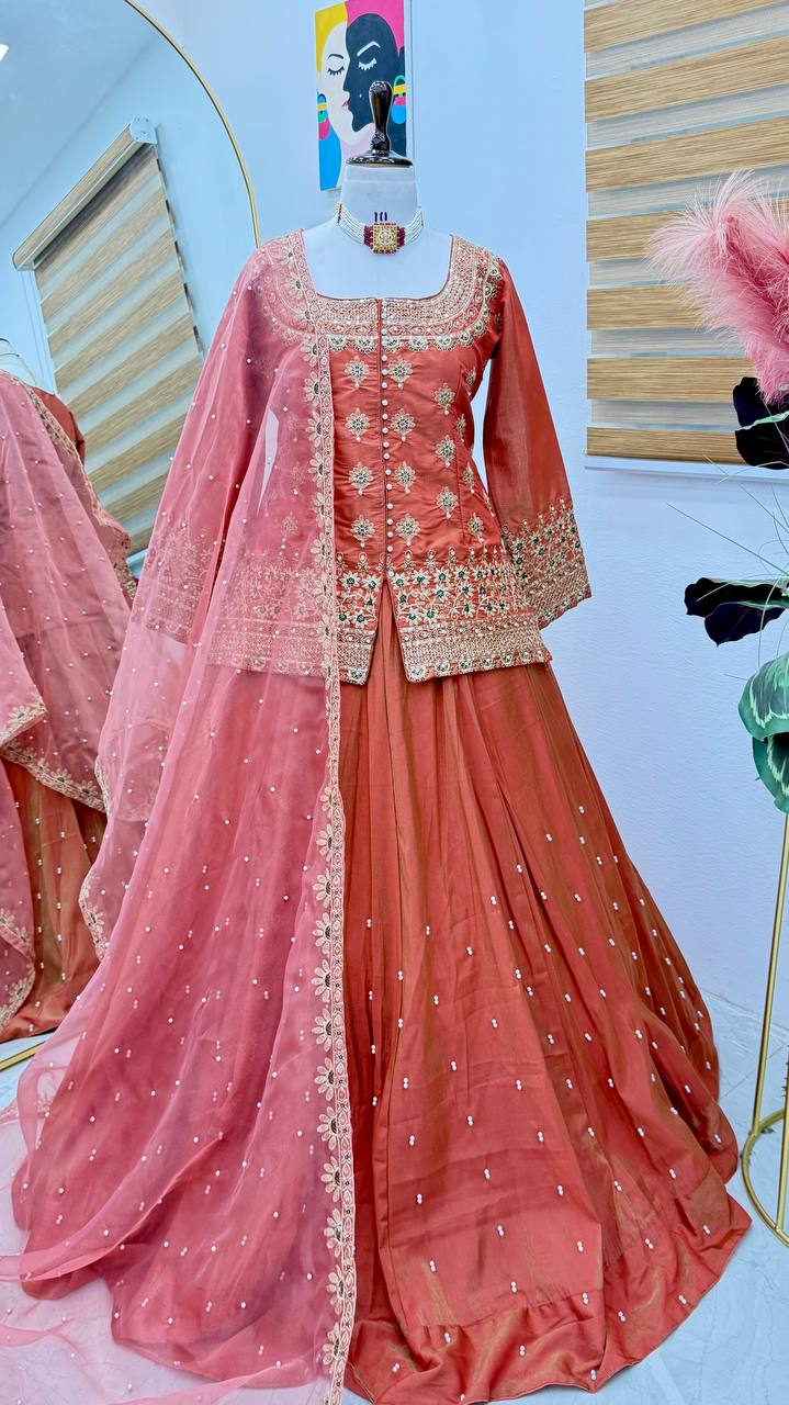 Designer Shimmer Silk Top Lehenga Dupatta Set -Wedding & Festive Wear | Nardev Fashion