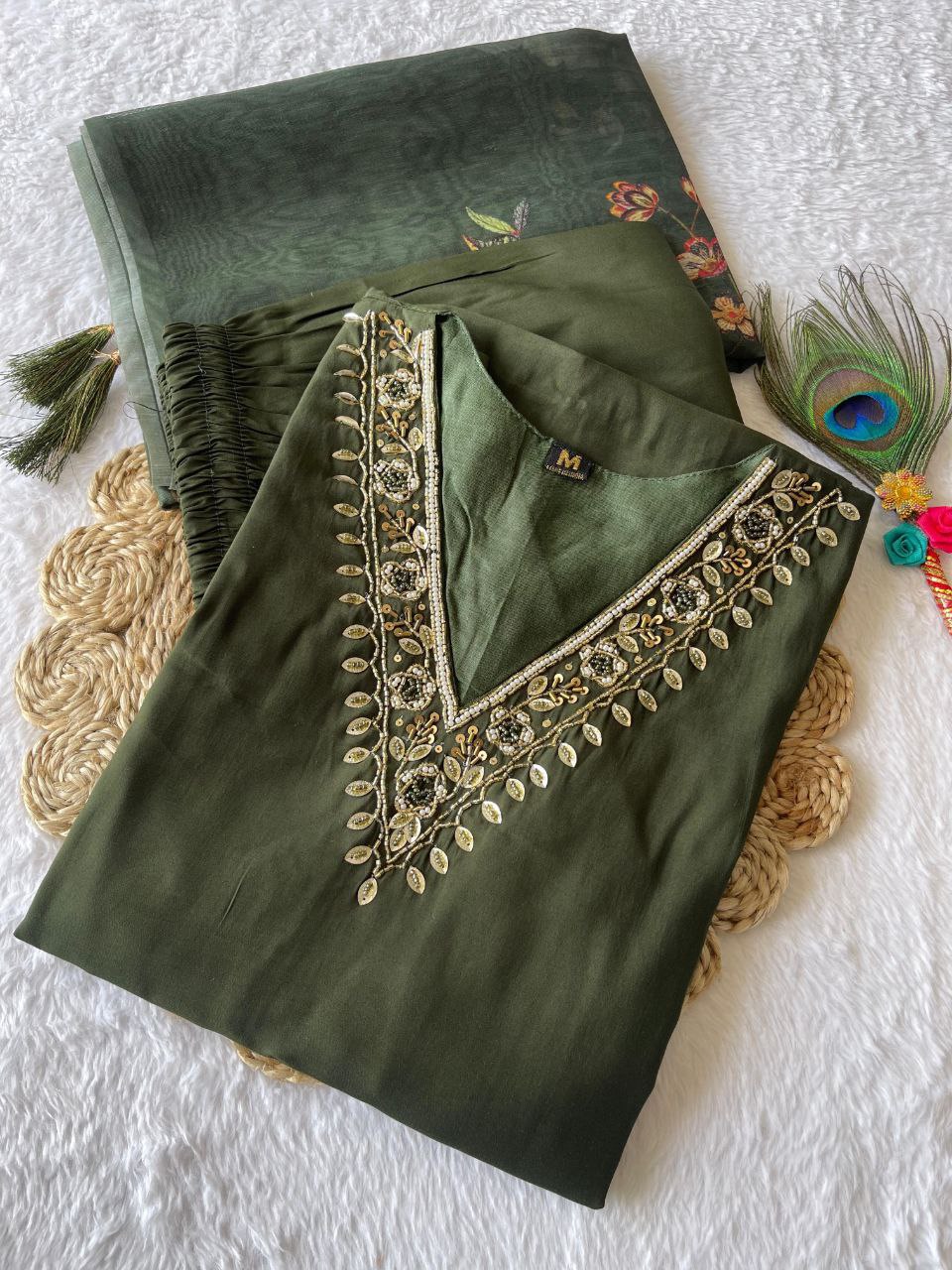 Diwali Special Mehendi Kurti Pant Dupatta Set