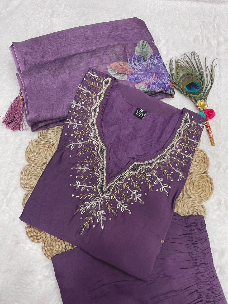 Diwali Special Purple Kurti Pant Dupatta Set