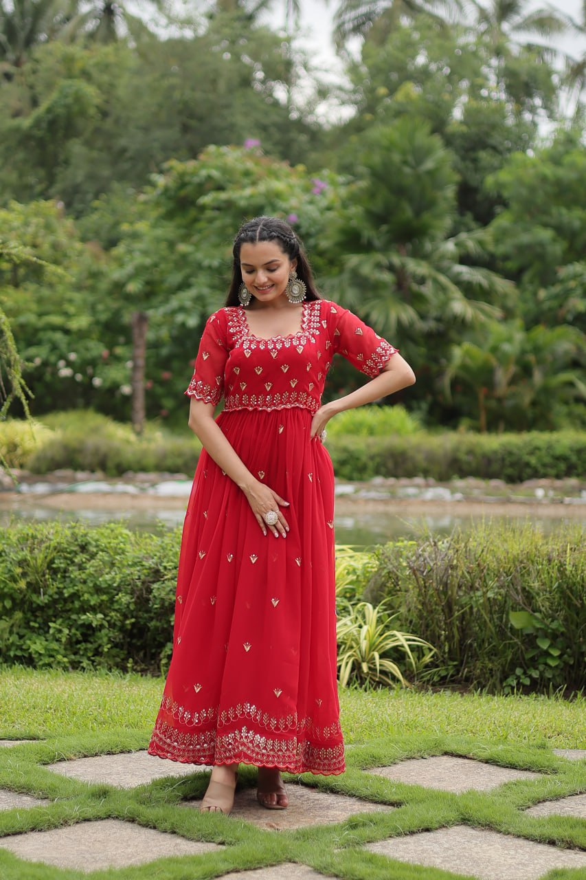 Diwali Special Red Square Neck Partywear Gown