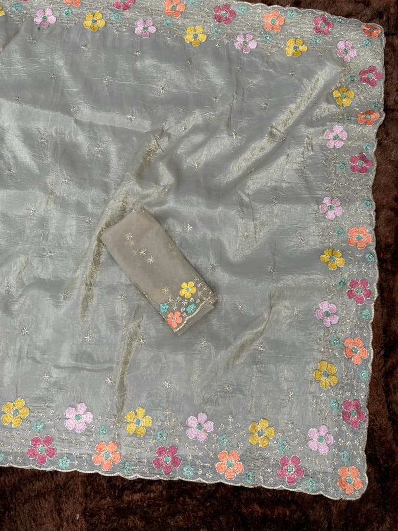 Dusty Beige Embroidered Saree in Sufi Silk Crush | Nardev Fashion