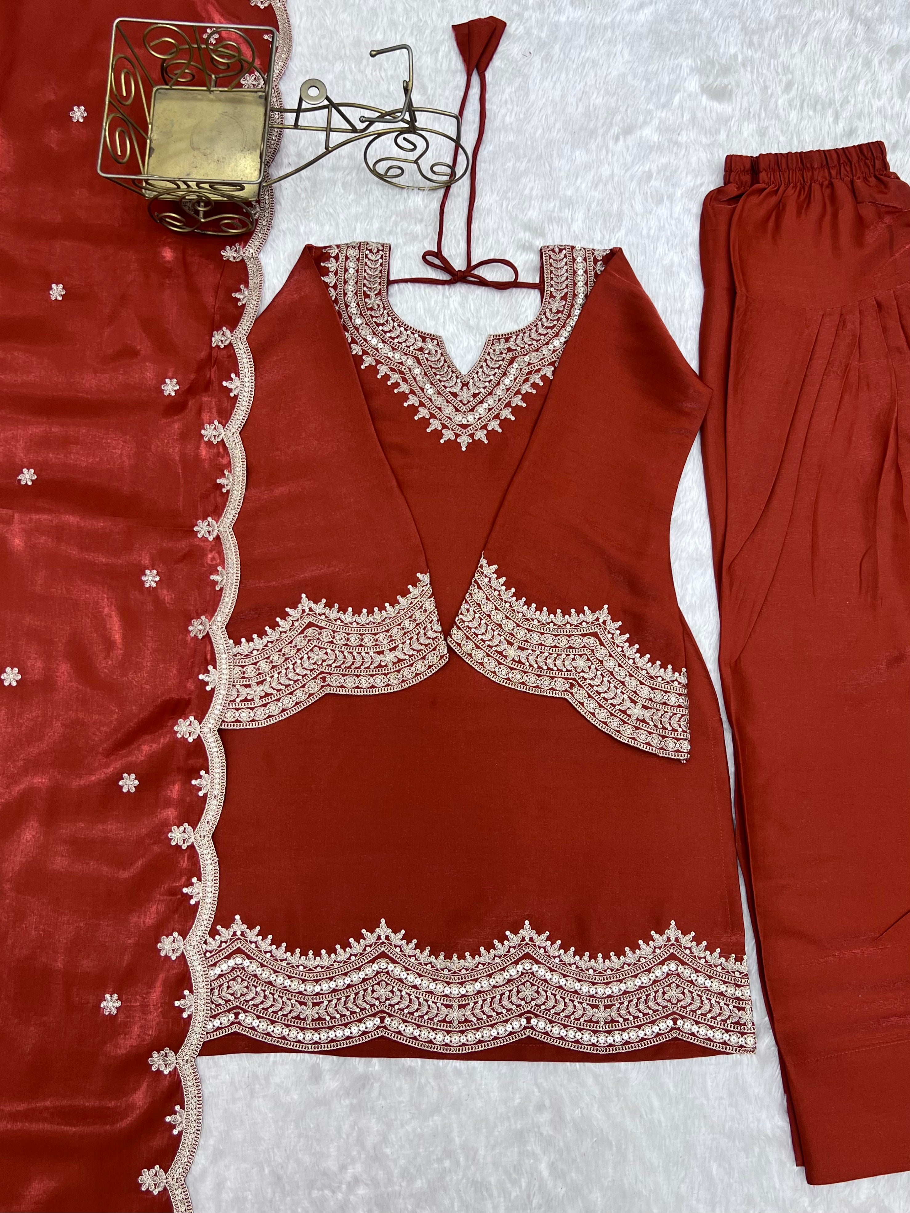 Burnt Orange Glass Roman Silk Embroidered Kurta Set with Farshi Shalwar & Shawl Dupatta | Ready to Wear