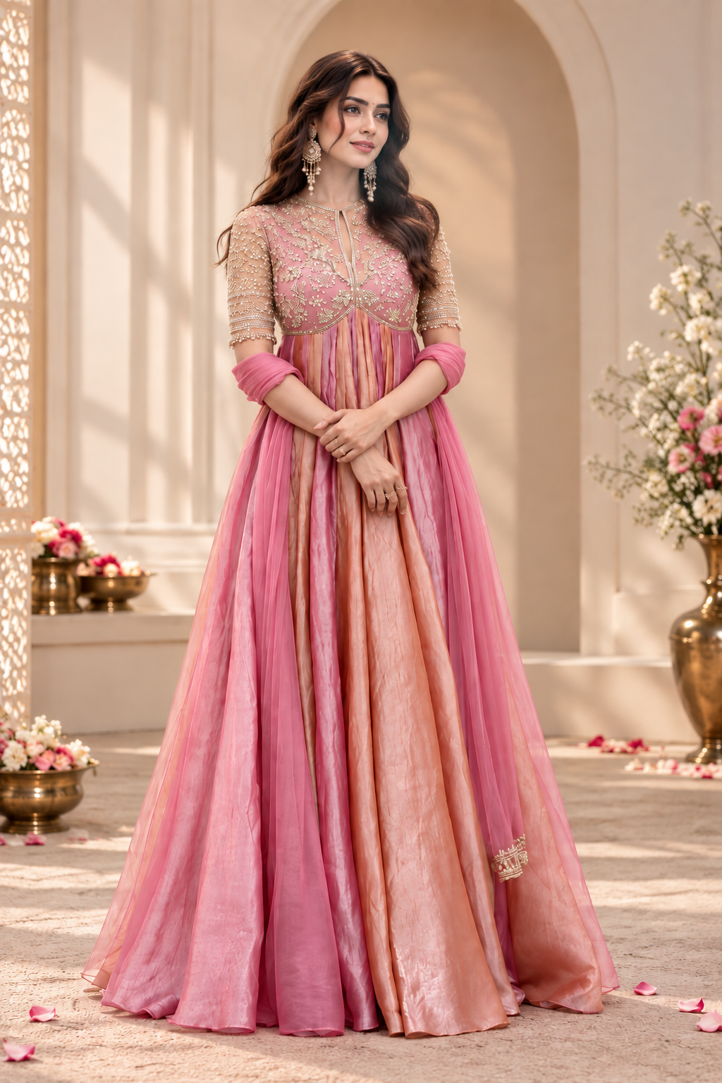 Dusty Rose Pink Moss Silk Embroidered Anarkali Gown Set with Dupatta