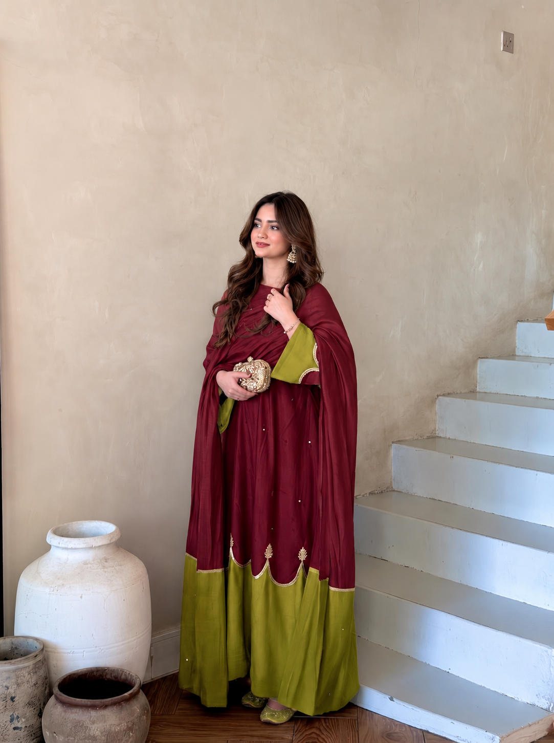 Maroon & Olive Green Roman Silk Embroidered Kaftan Palazzo Set with Dupatta