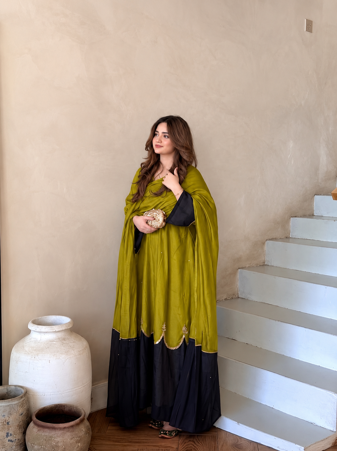 Olive Green & Navy Blue Roman Silk Embroidered Kaftan Palazzo Set with Dupatta