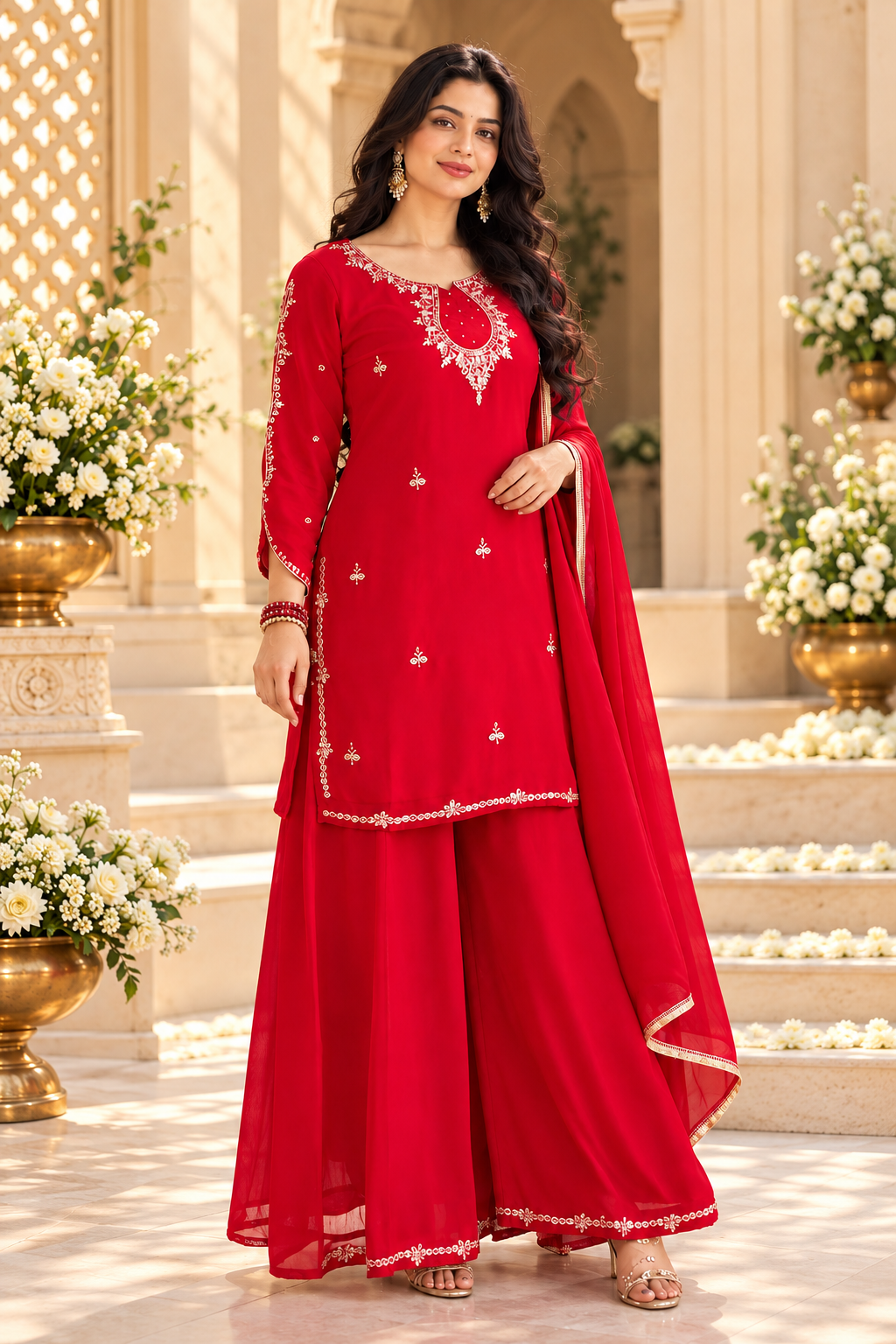 Red Faux Georgette Embroidered Palazzo Suit Set with Stone Work & Dupatta