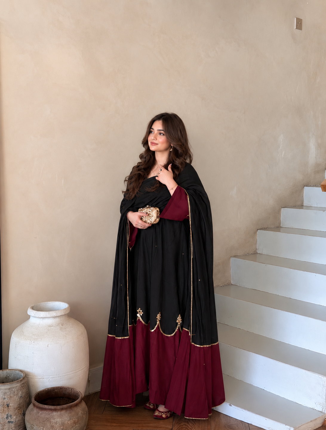 Black & Wine Maroon Roman Silk Embroidered Kaftan Palazzo Set with Dupatta