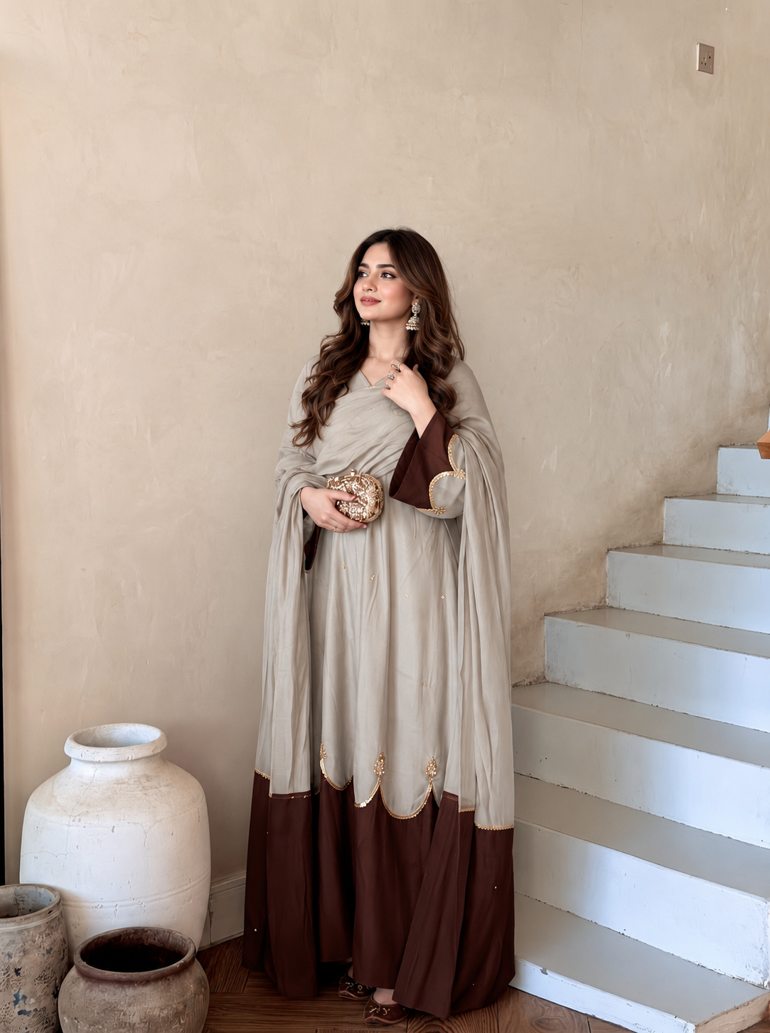 Beige & Maroon Roman Silk Embroidered Kaftan Palazzo Set with Dupatta
