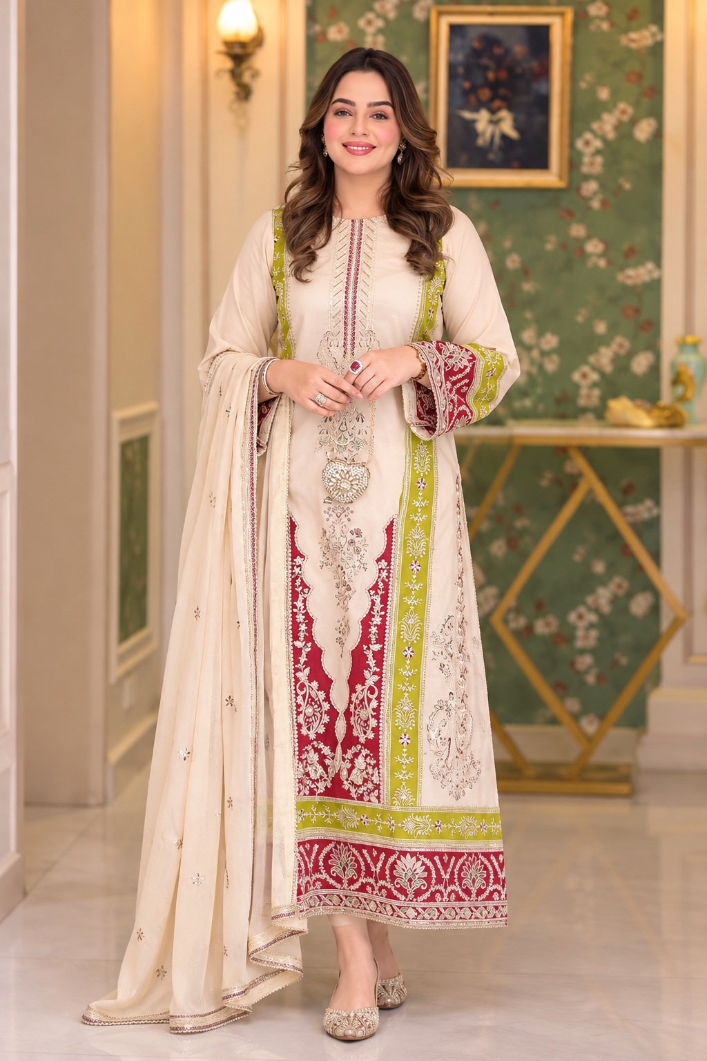 Ivory Cream Roman Silk Embroidered Suit Set with Ruby Red & Lime Green Detailing