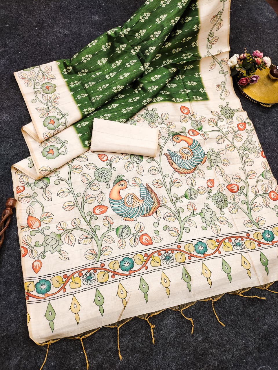 Soft Tussar Silk Saree with Ikat Pattern & Kalamkari Border | Designer Traditional Saree