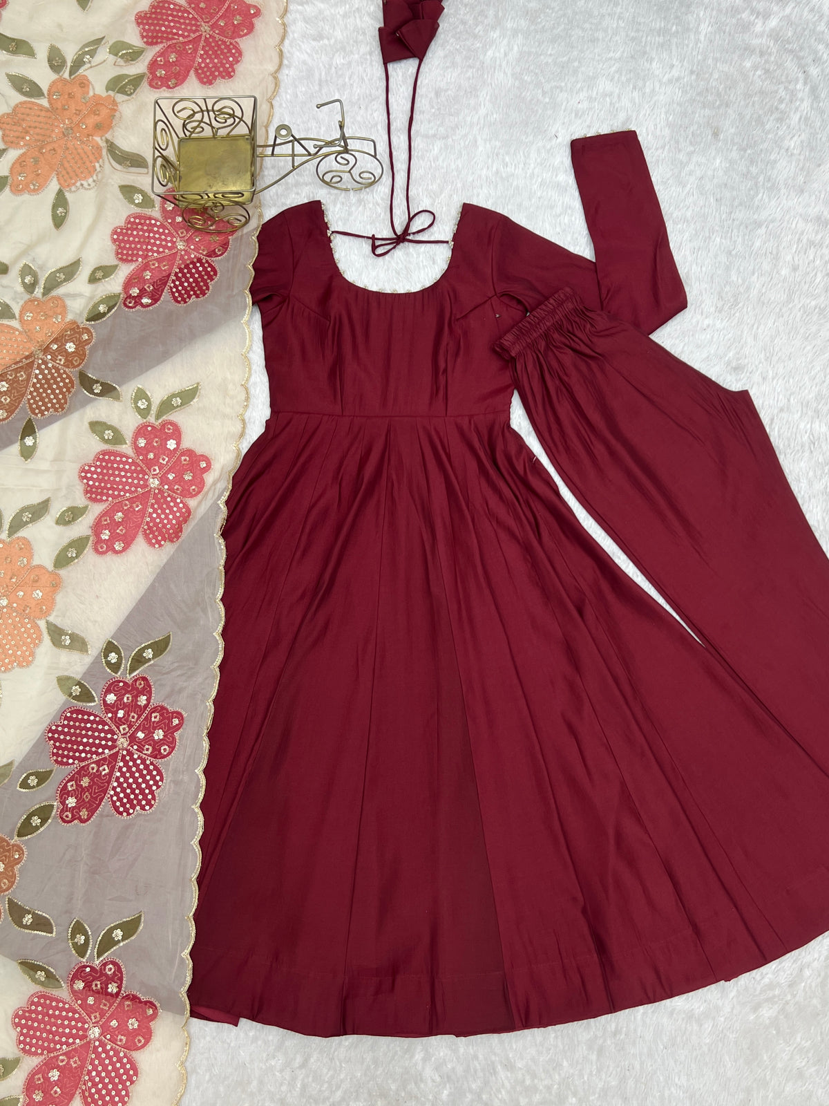 Burgundy Heavy Roman Silk 16 Kali Anarkali Gown with Printed Dupatta