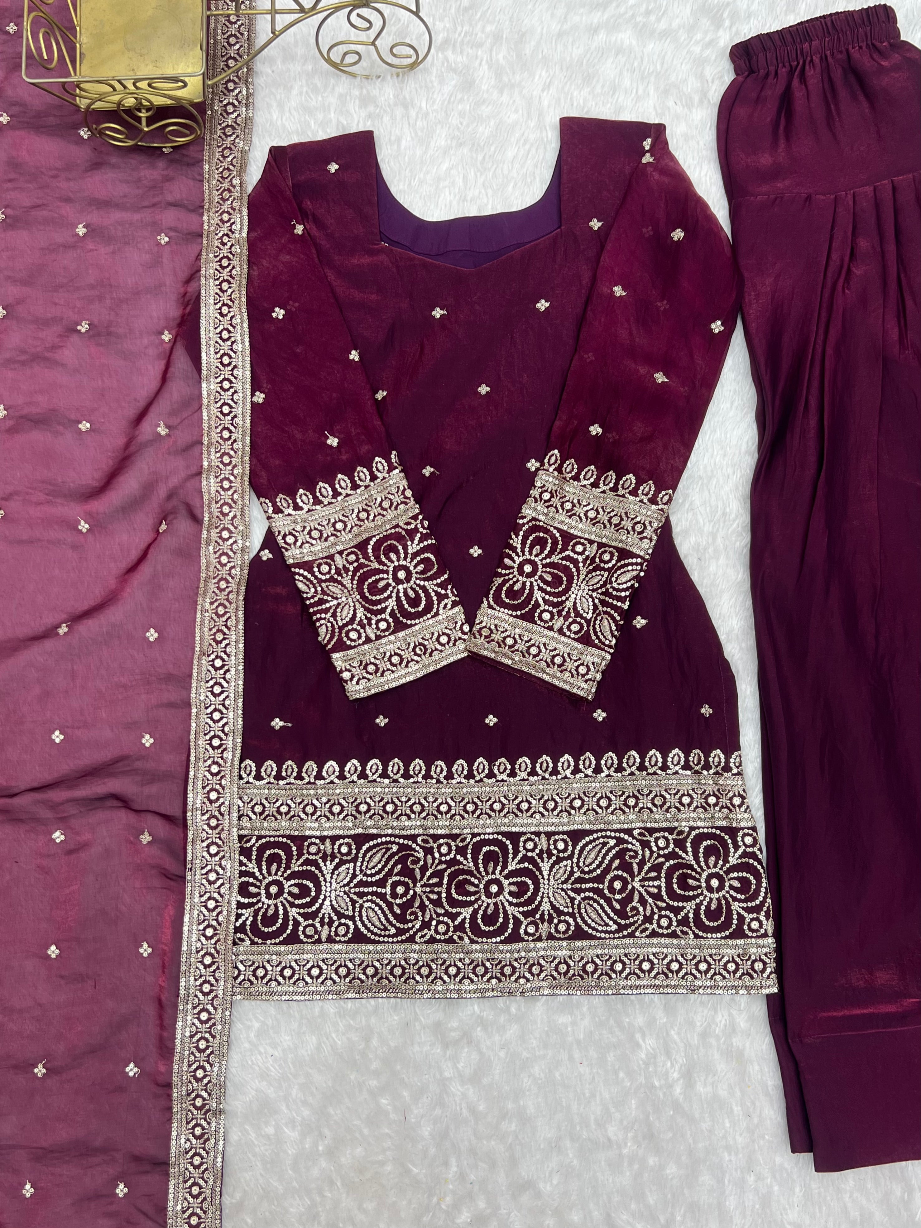 Wine Purple Fendy Silk Farshi Shalwar Suit Set with Embroidered Dupatta