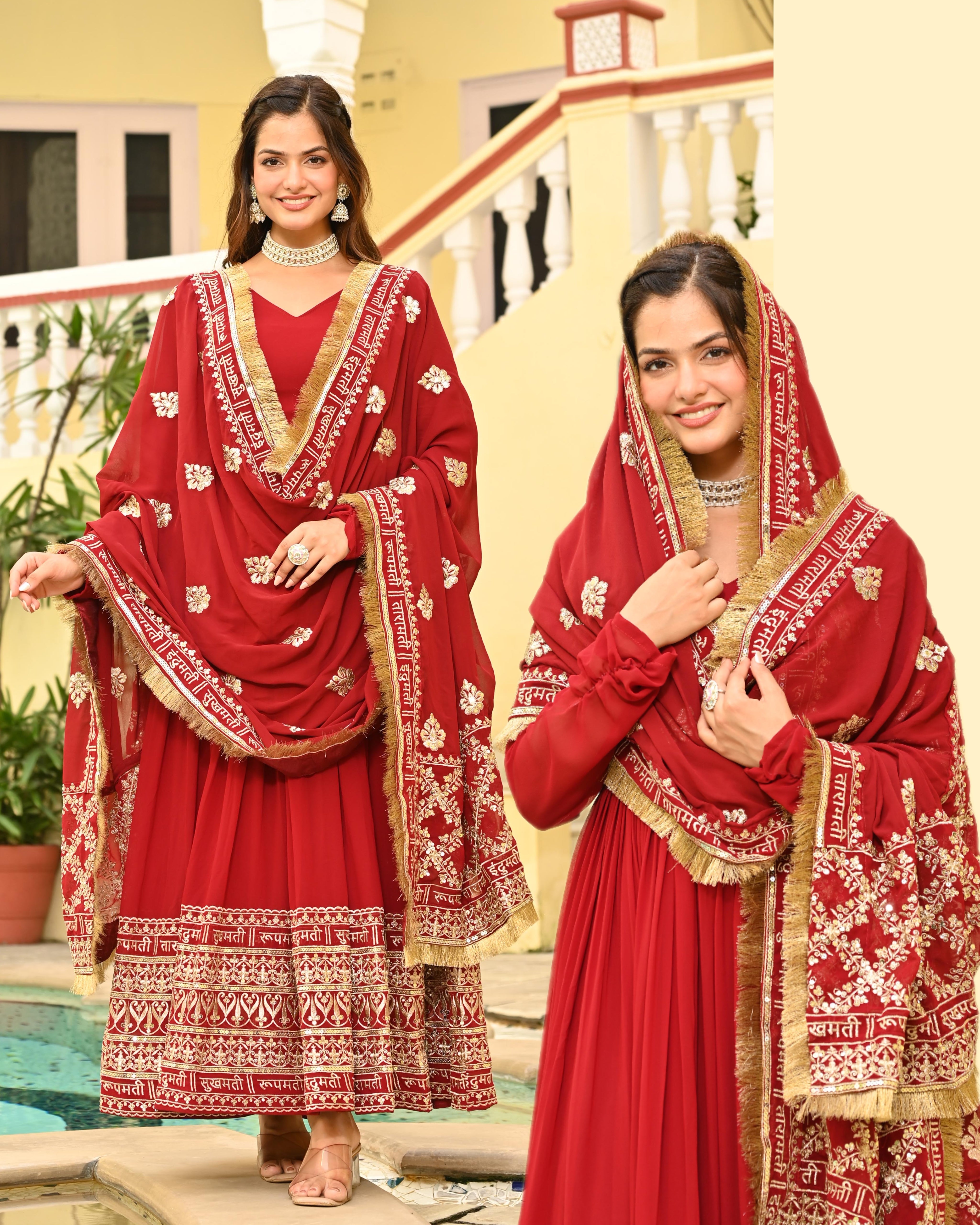 Festive Red Anarkali Style Gown with 3 Meter Flair and Sequin Work Dupatta