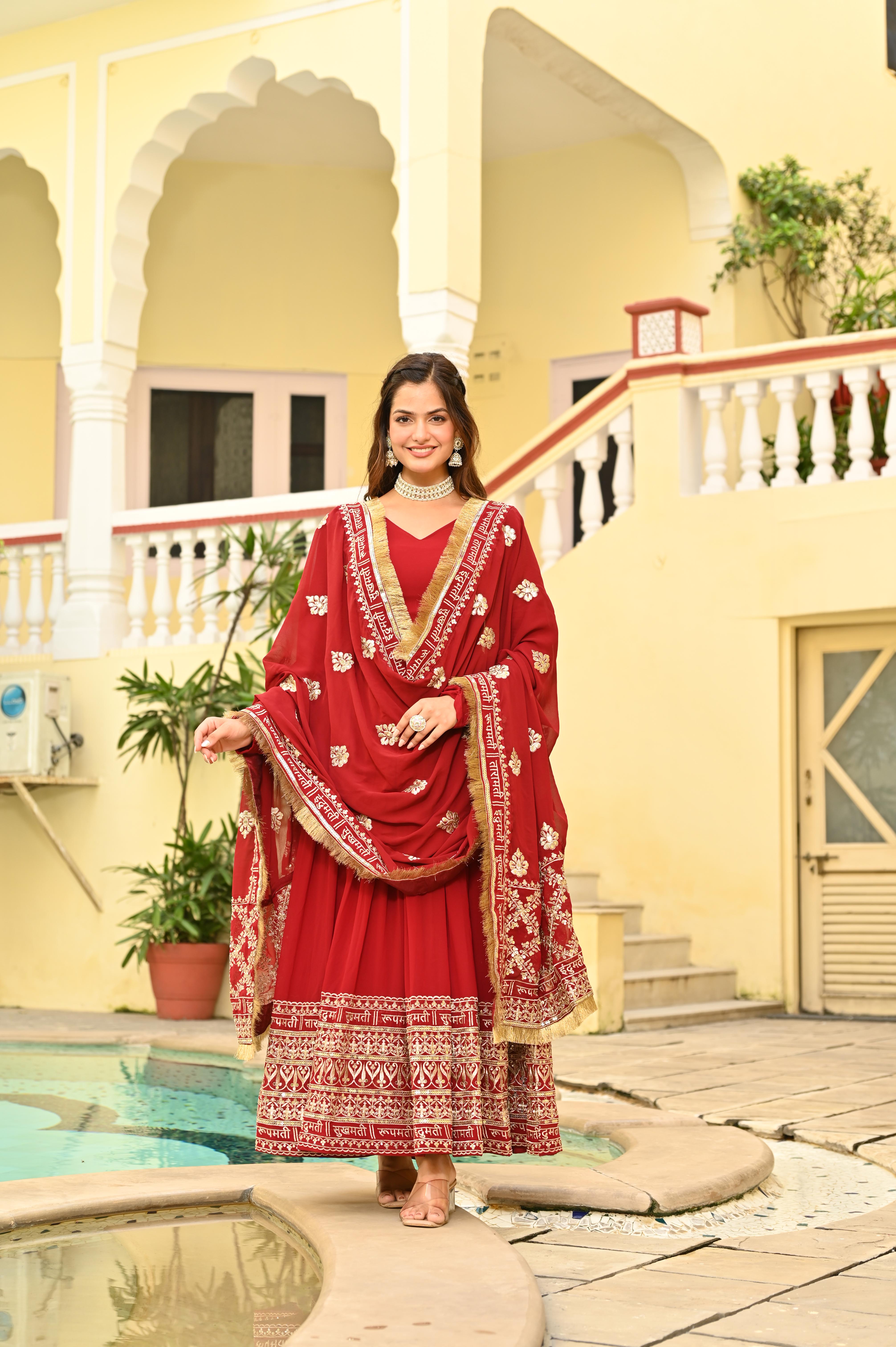 Festive Red Anarkali Style Gown with 3 Meter Flair and Sequin Work Dupatta