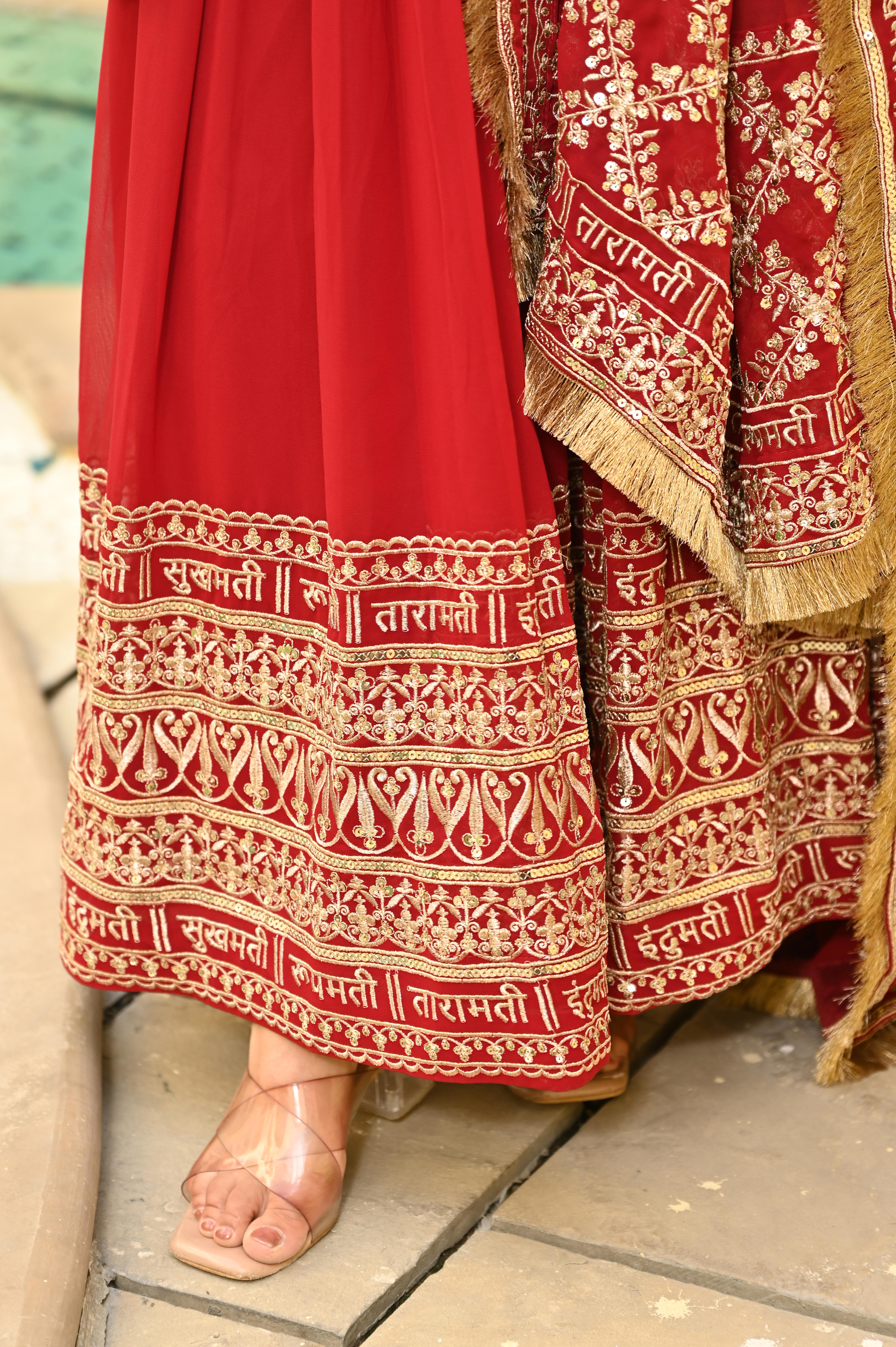 Festive Red Anarkali Style Gown with 3 Meter Flair and Sequin Work Dupatta