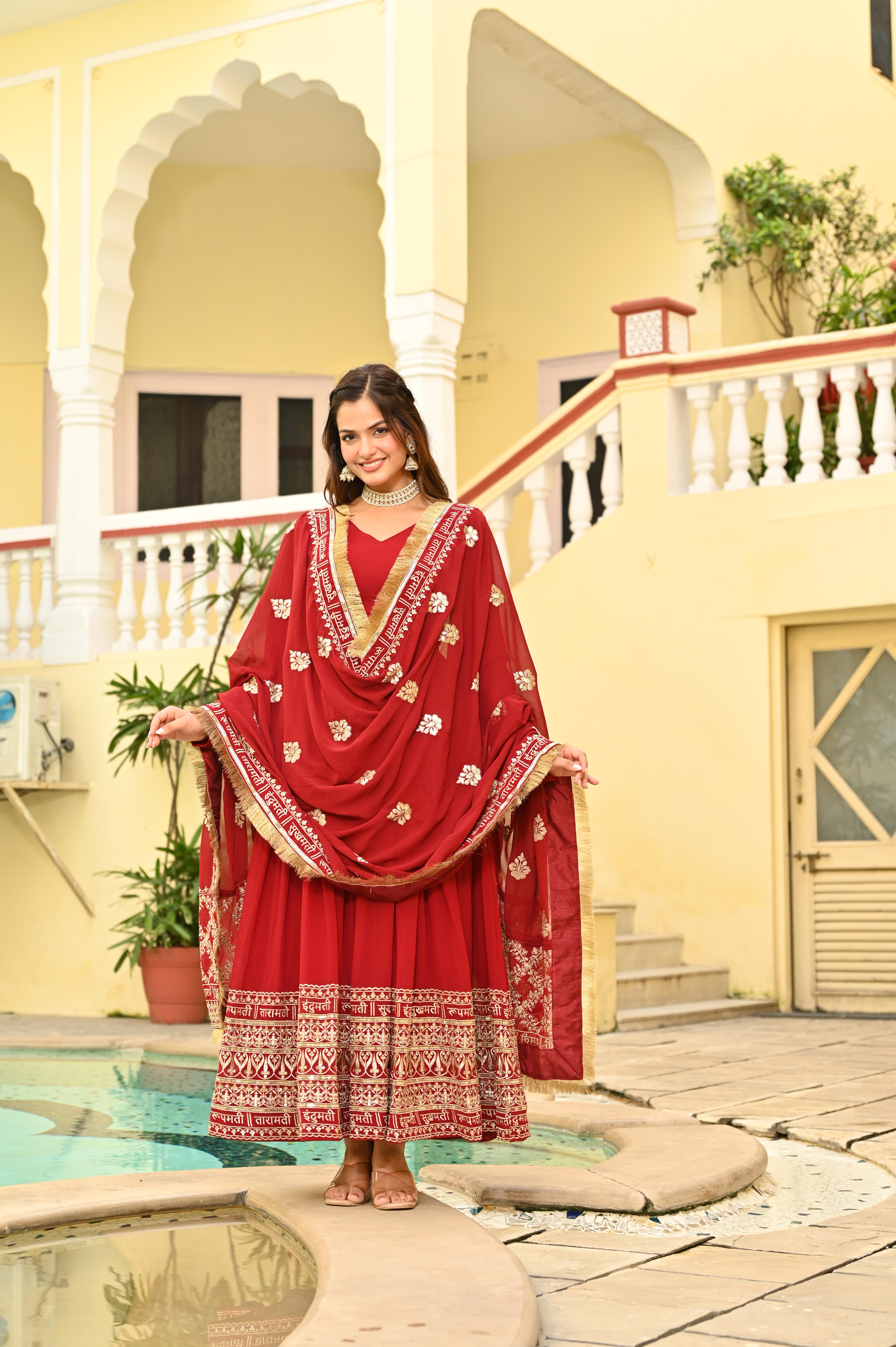 Festive Red Anarkali Style Gown with 3 Meter Flair and Sequin Work Dupatta