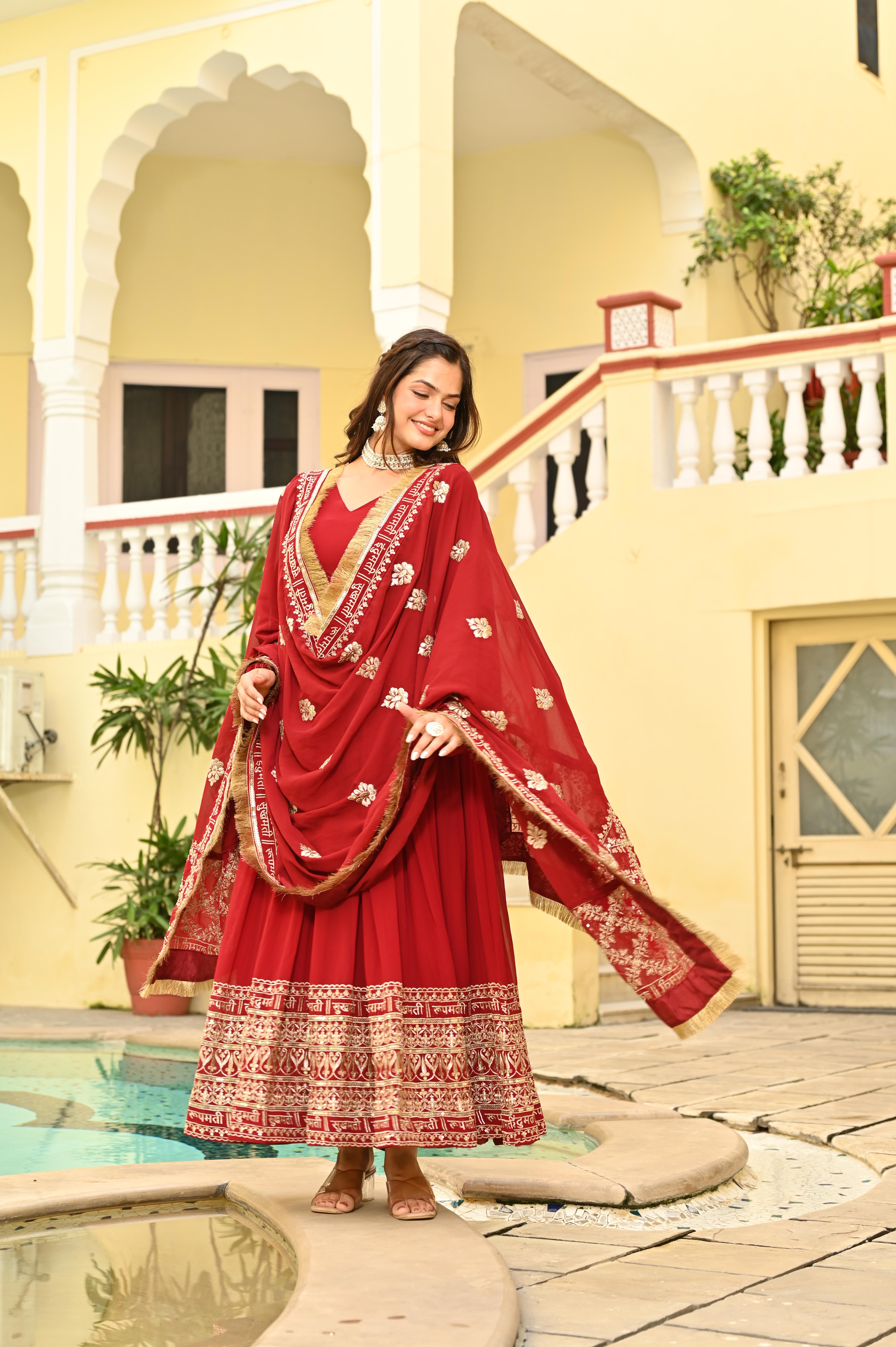 Festive Red Anarkali Style Gown with 3 Meter Flair and Sequin Work Dupatta