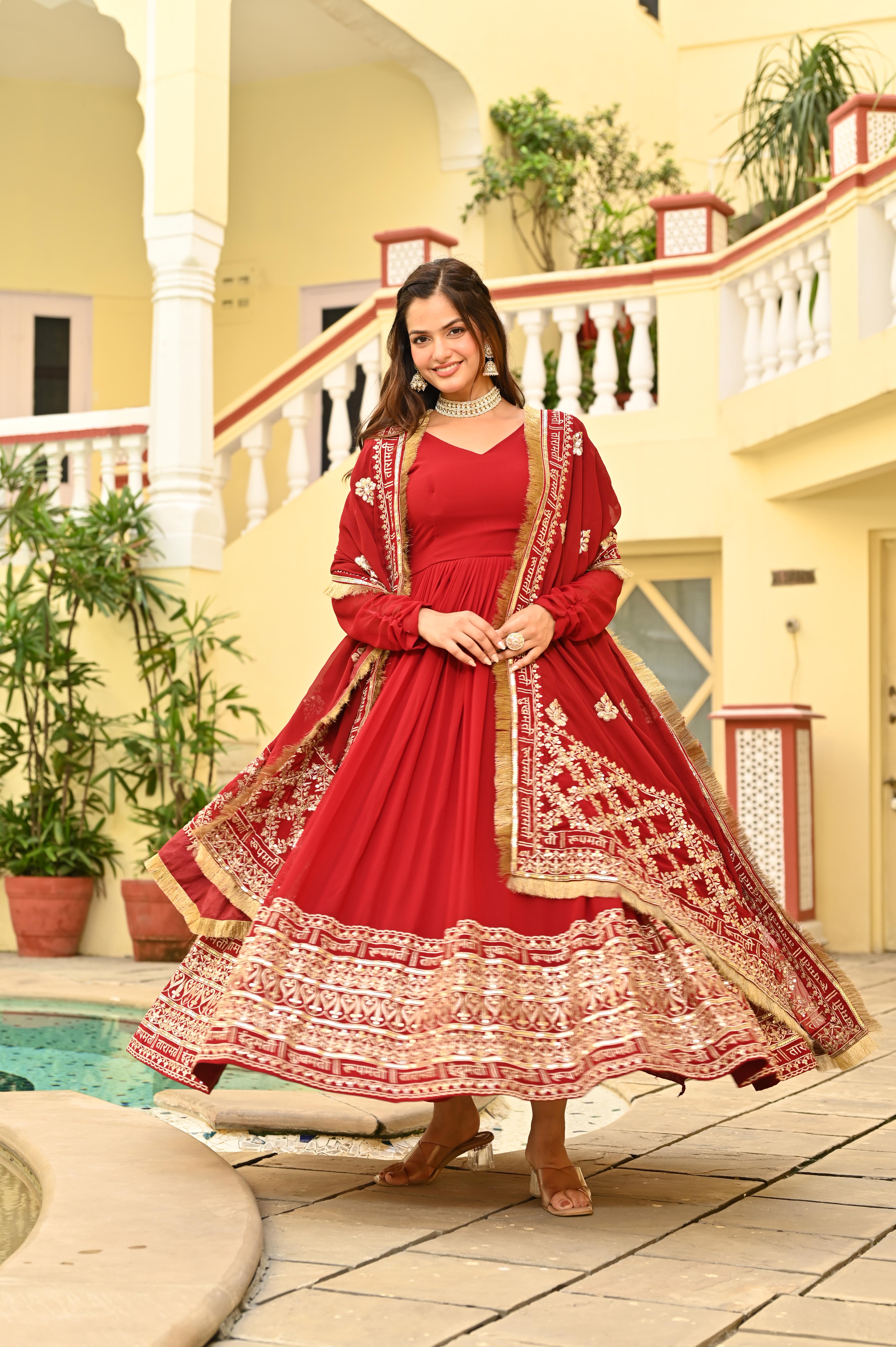 Festive Red Anarkali Style Gown with 3 Meter Flair and Sequin Work Dupatta