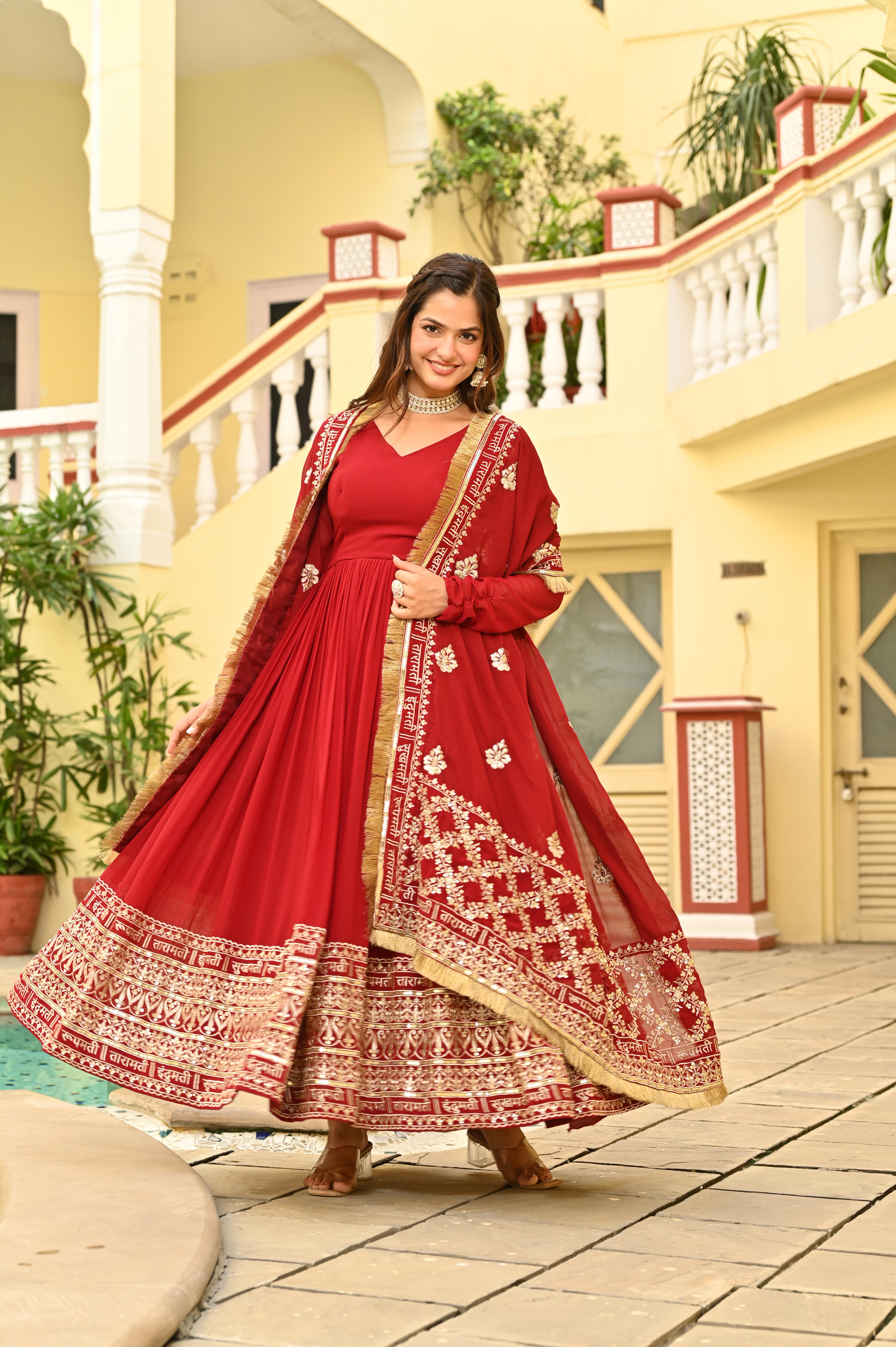 Festive Red Anarkali Style Gown with 3 Meter Flair and Sequin Work Dupatta