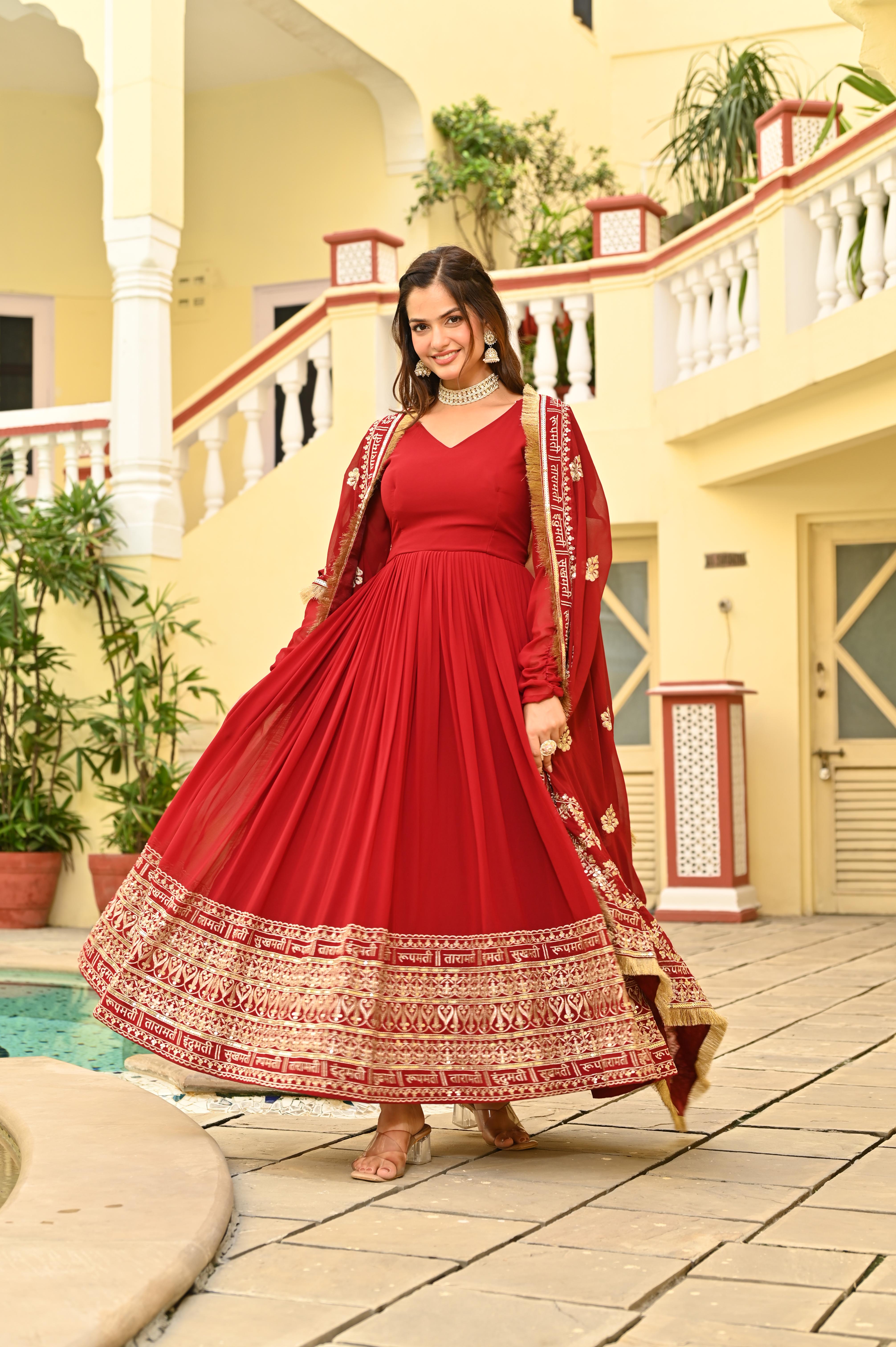 Festive Red Anarkali Style Gown with 3 Meter Flair and Sequin Work Dupatta
