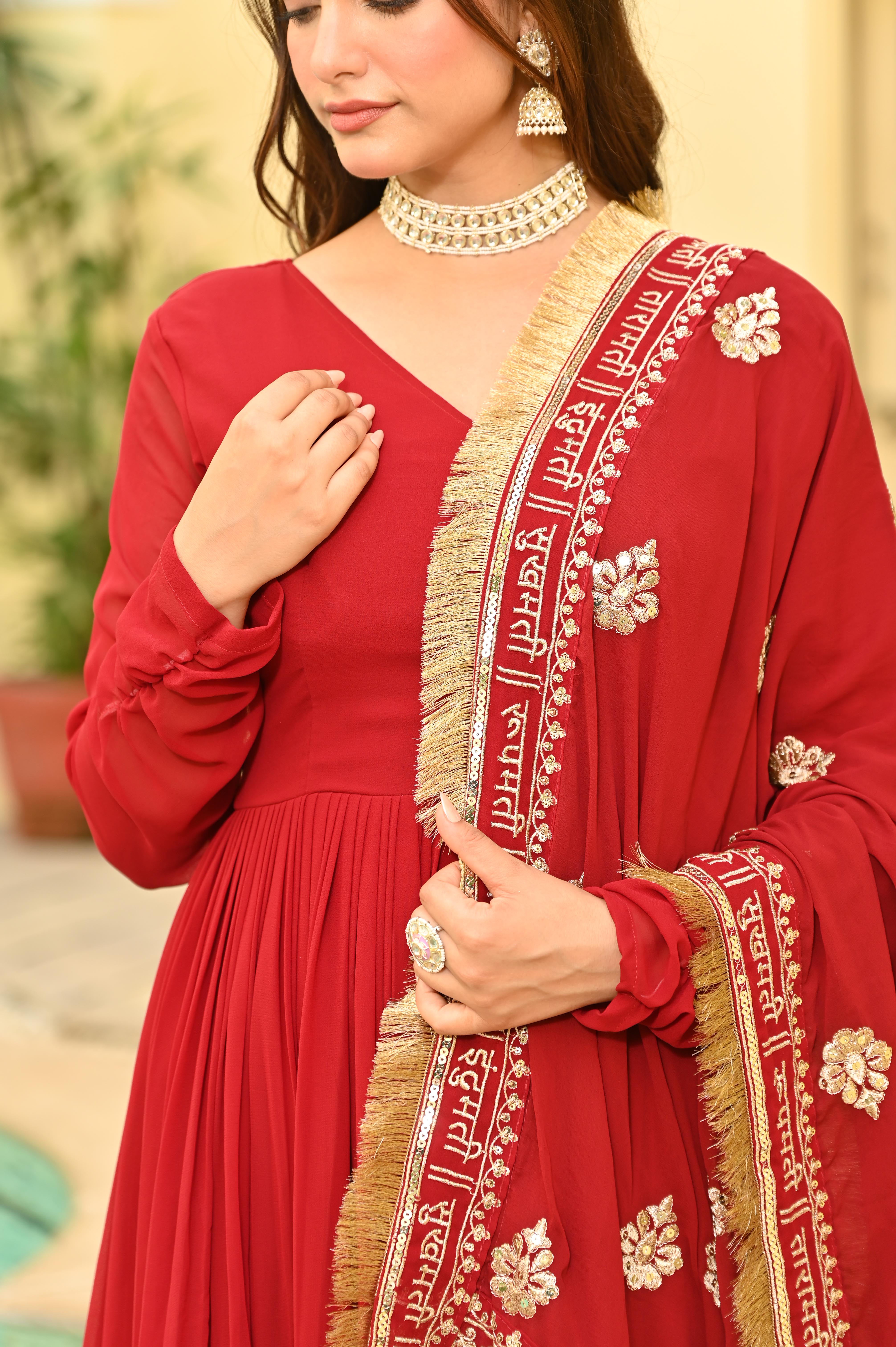 Festive Red Anarkali Style Gown with 3 Meter Flair and Sequin Work Dupatta