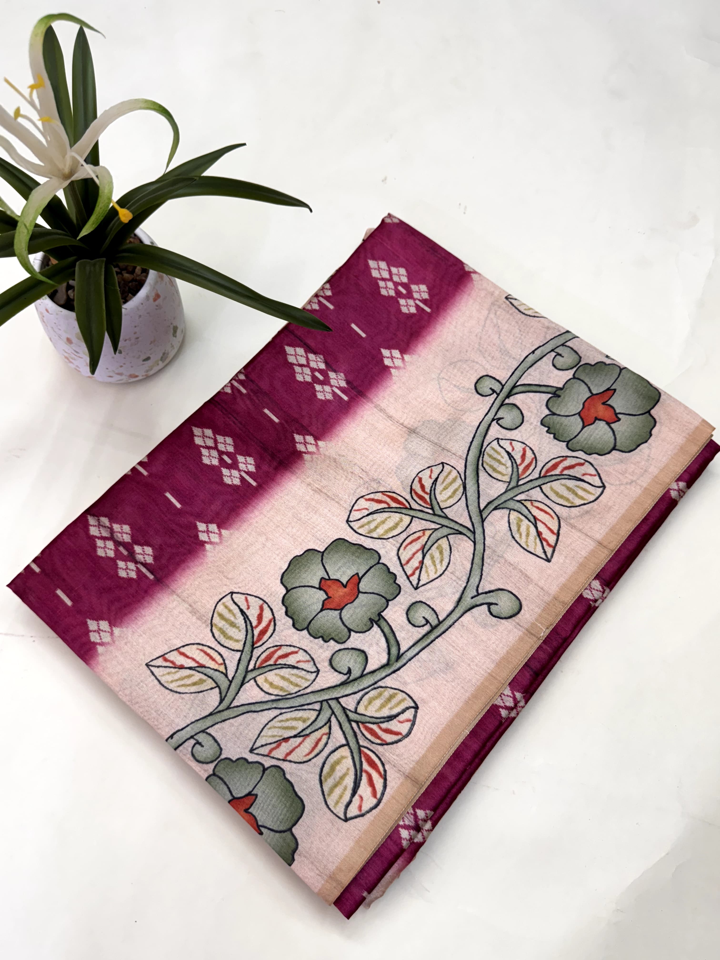 Soft Tussar Silk Saree with Ikat Pattern & Kalamkari Border | Designer Traditional Saree