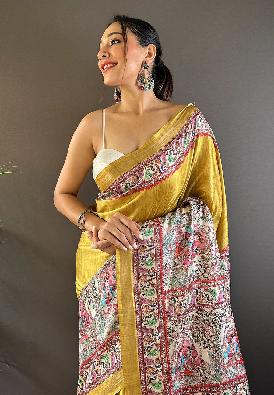 Gold Tussar Silk Saree With Blouse Piece