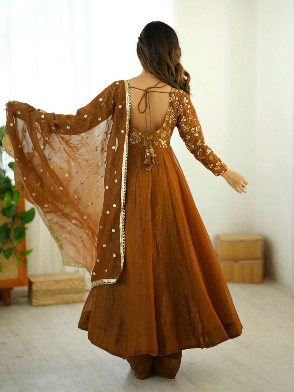 Golden Color Flaired Anarkali Dress | Nardev Fashion 1