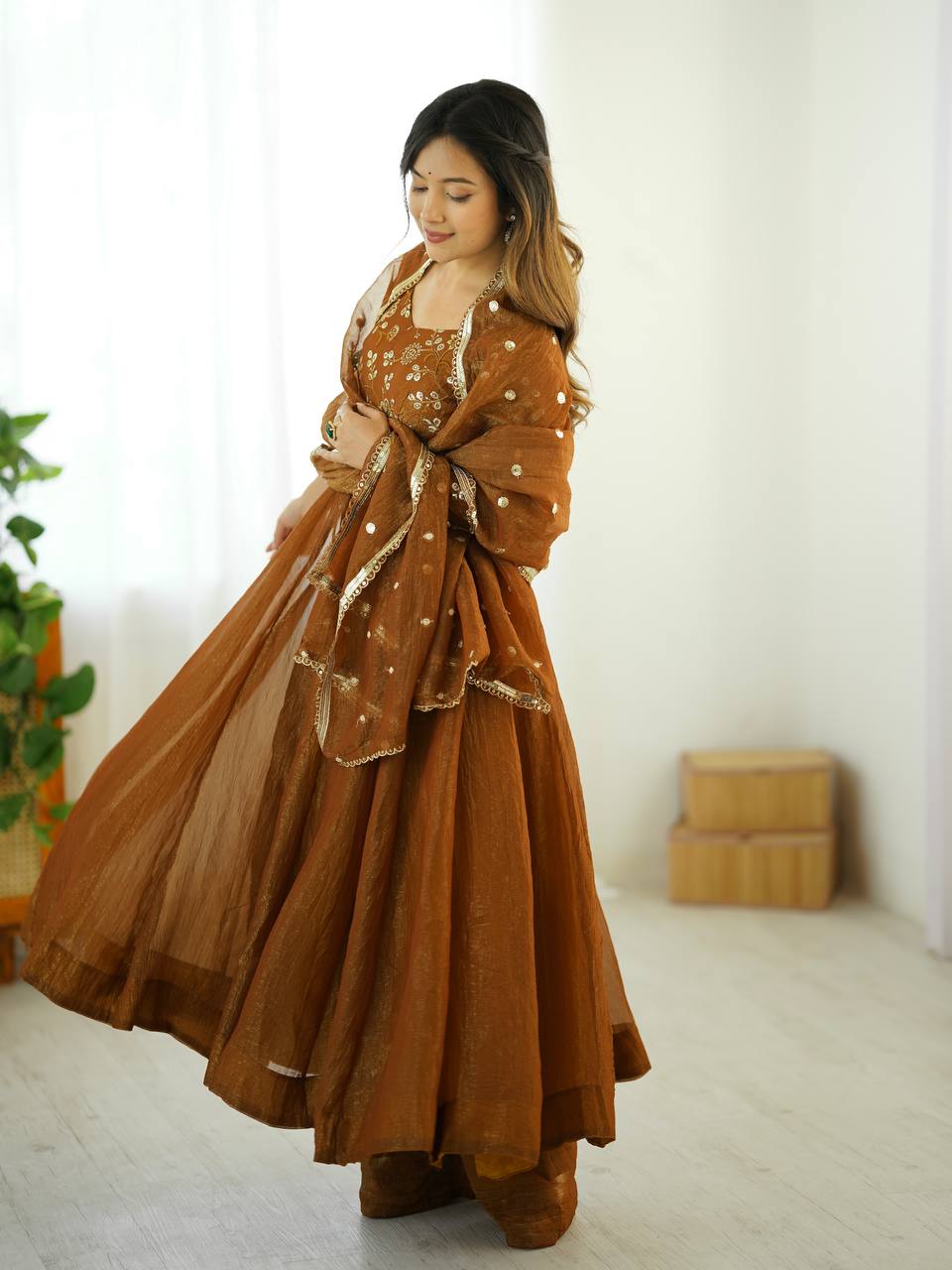 Golden Color Flaired Anarkali Dress | Nardev Fashion