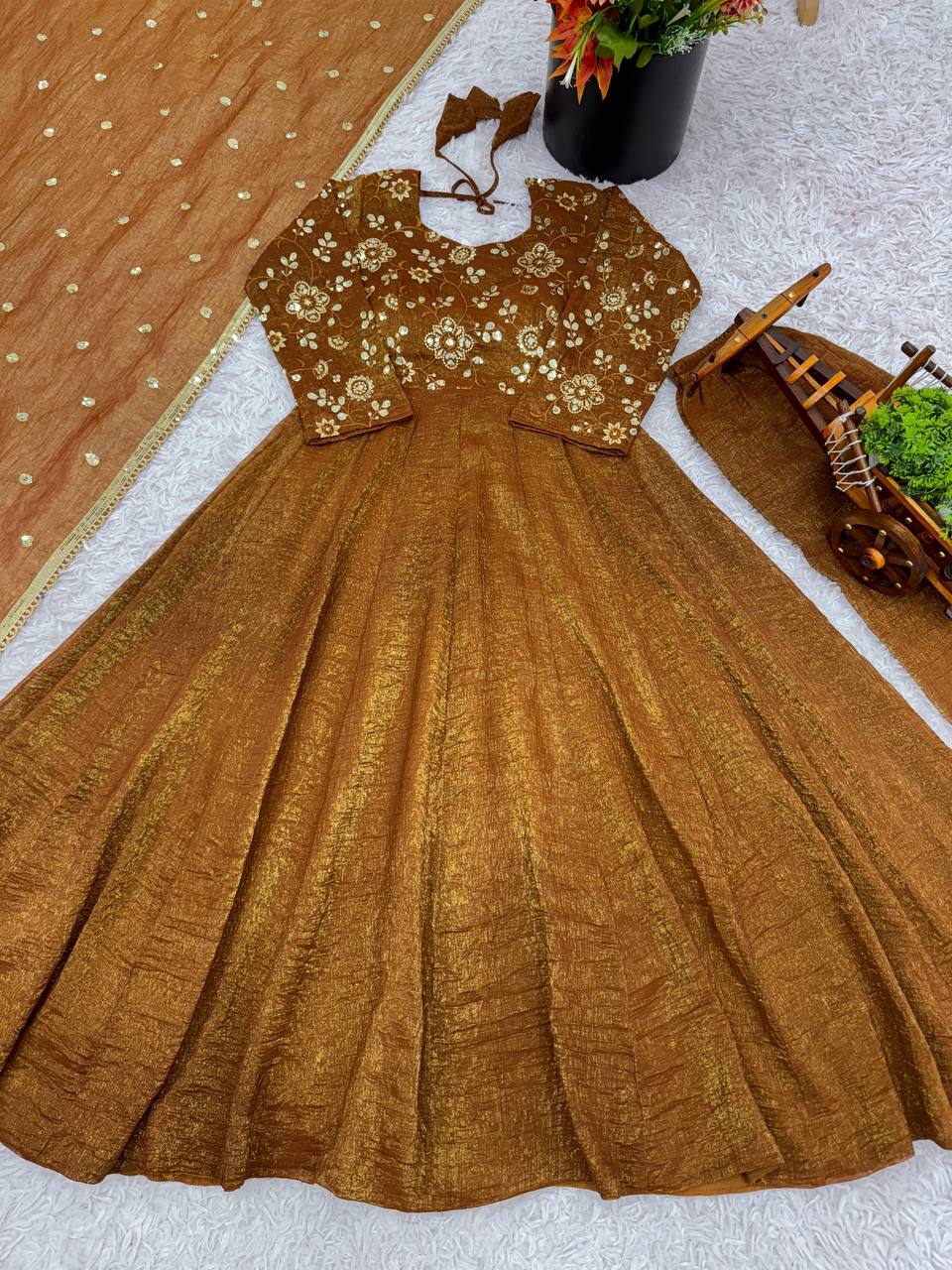Golden Color Flaired Anarkali Dress | Nardev Fashion